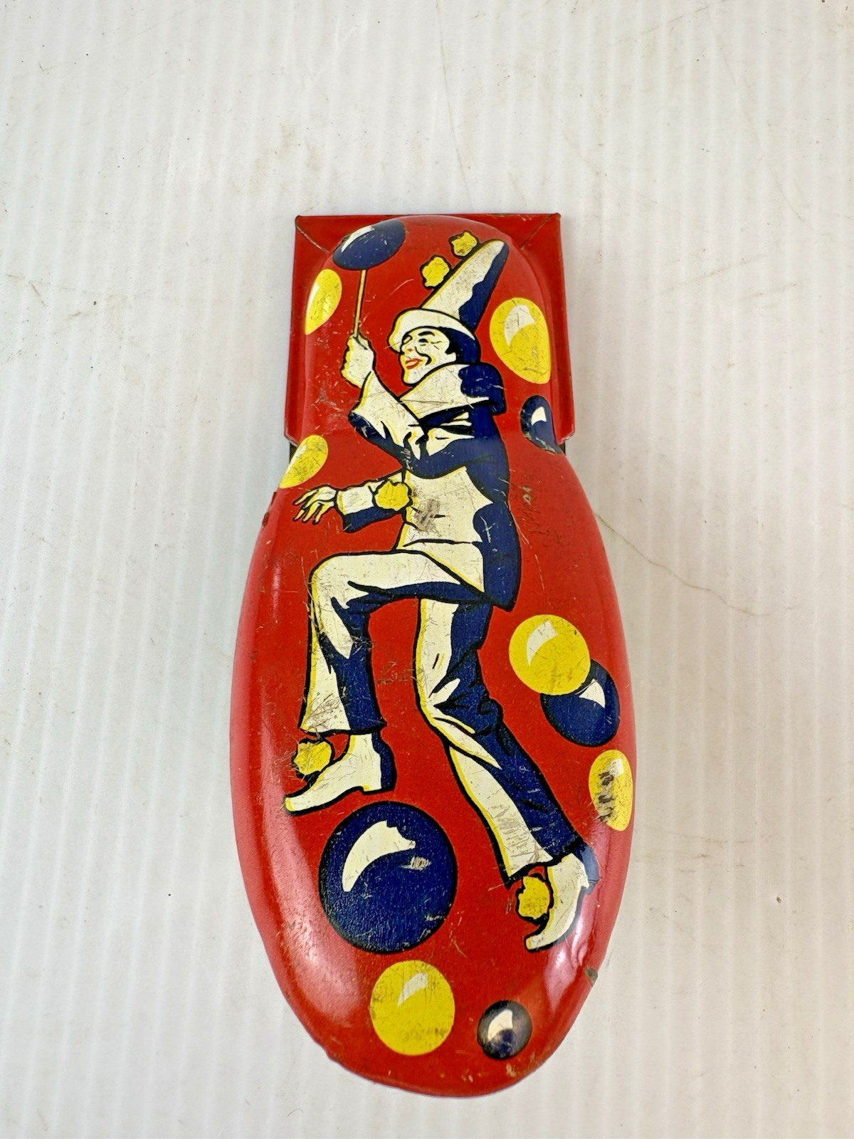 Vintage Kirchhof Tin Clicker Noisemaker, Clown & Balloons, 4.5in, USA, Works