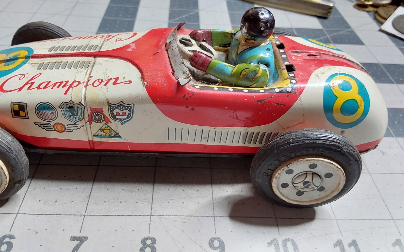 1950’s ATC Asahi Japan Tin Friction Champion 8 Mobilgas Toy Race Car