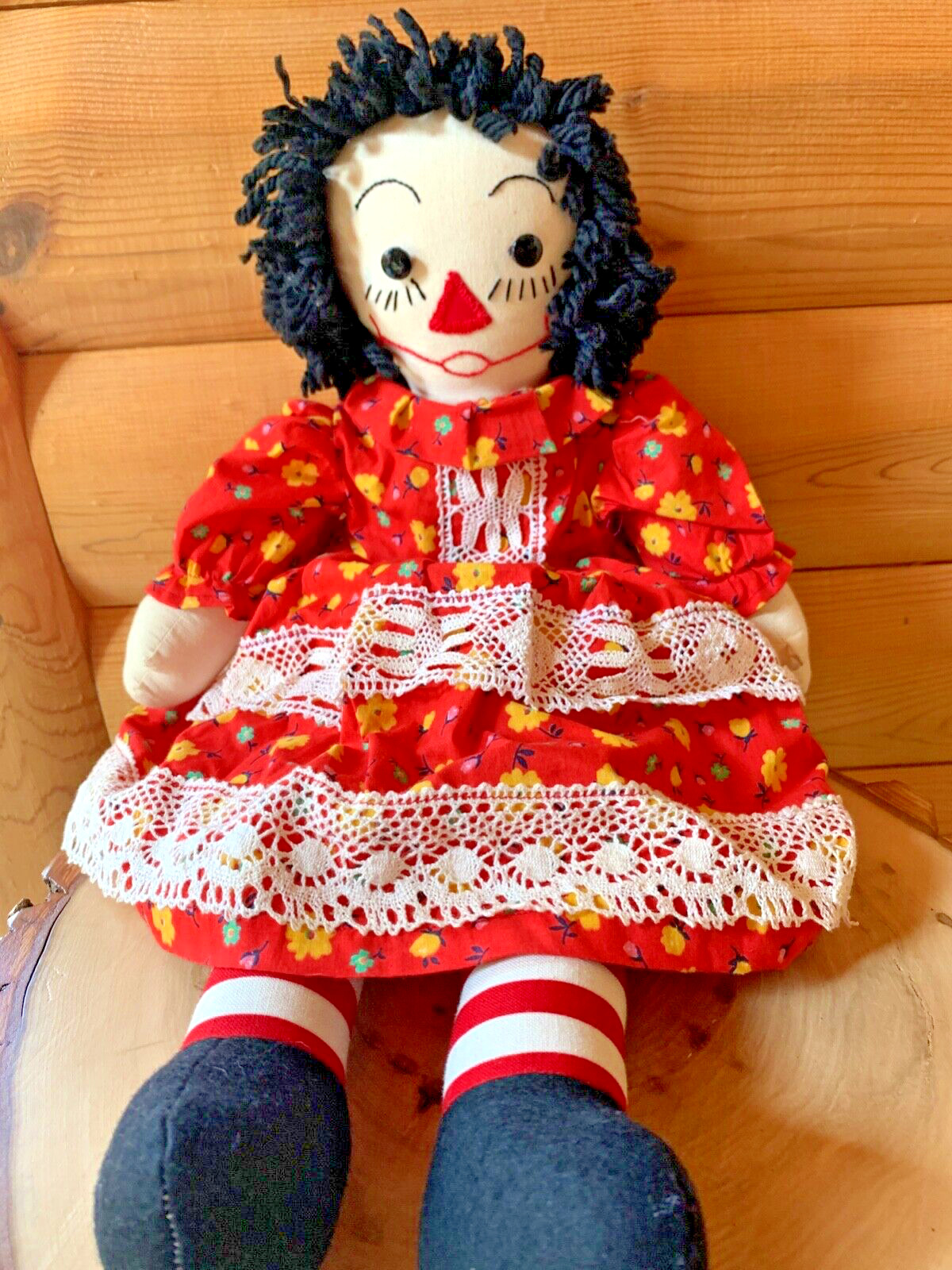 Vintage Raggedy Ann Doll 21″ Plush Doll Toy Embroidered Face Button Eyes Creepy