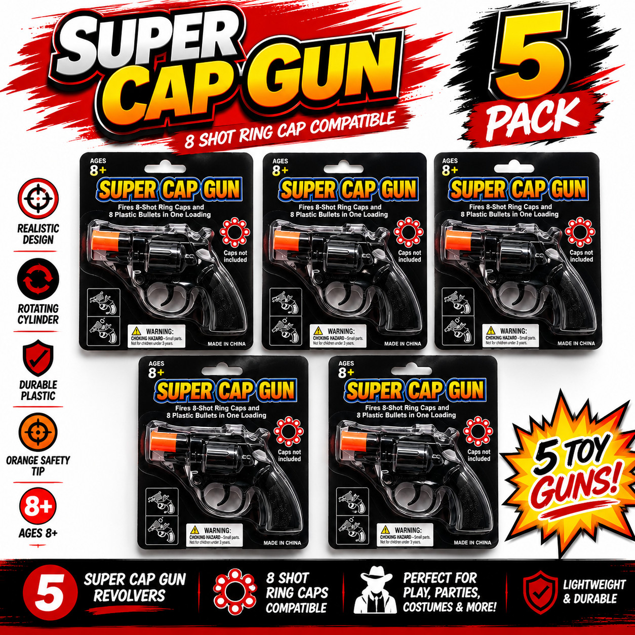 8 Ring Shot Cap Gun Black Novelty Police Pistol Revolver – Plastic – 5 Packs
