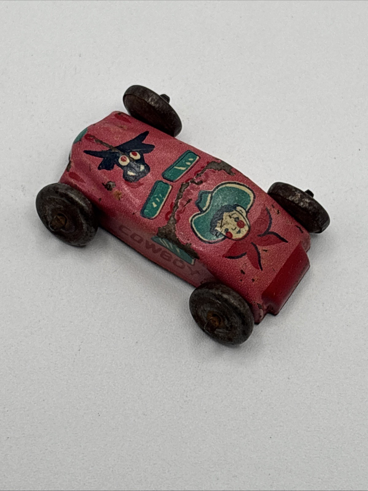 Vintage Tin Litho Penny Toy Race Car Cowboy Horse 1.5″ Miniature