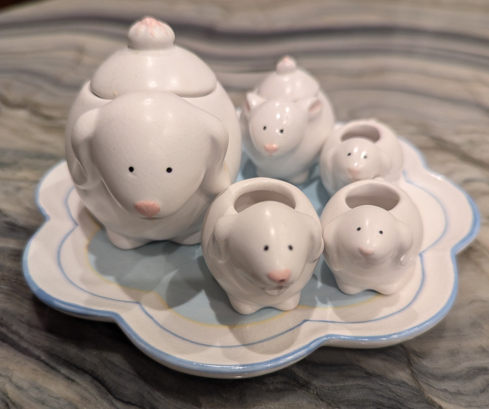 Russ Miniature Rabbit Tea Set Porcelain Bunny Teapot Cups Plates Hand Painted