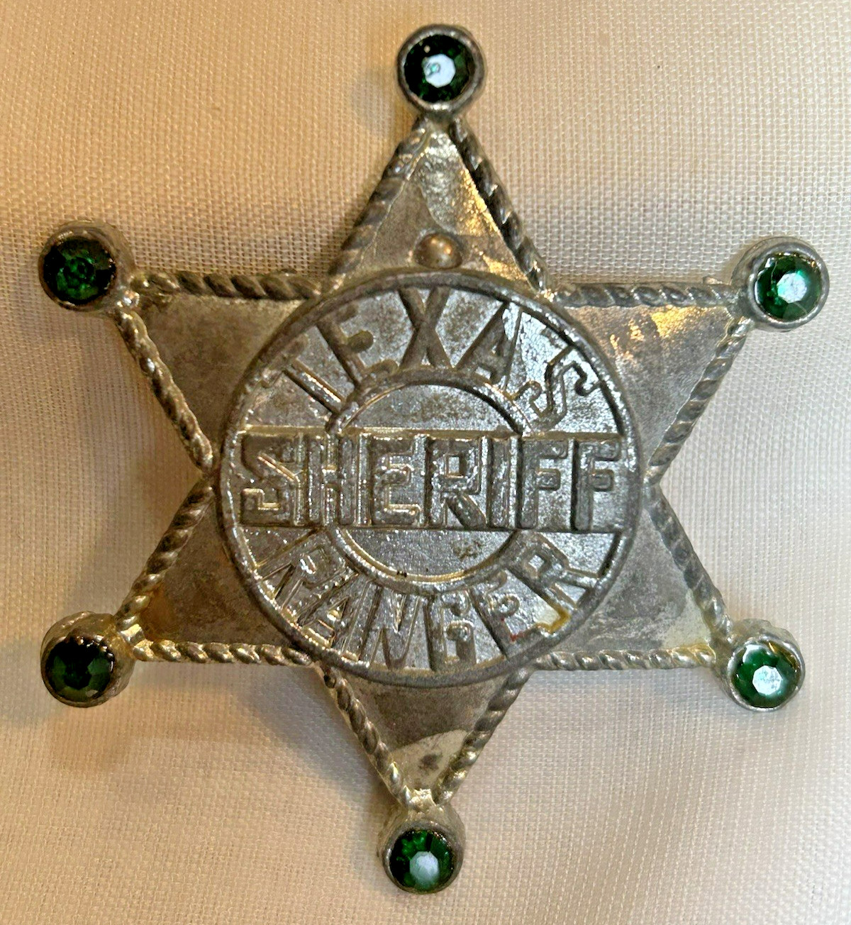 Texas Ranger Sheriff Toy Metal Star Badge Faux Green Gems Vintage