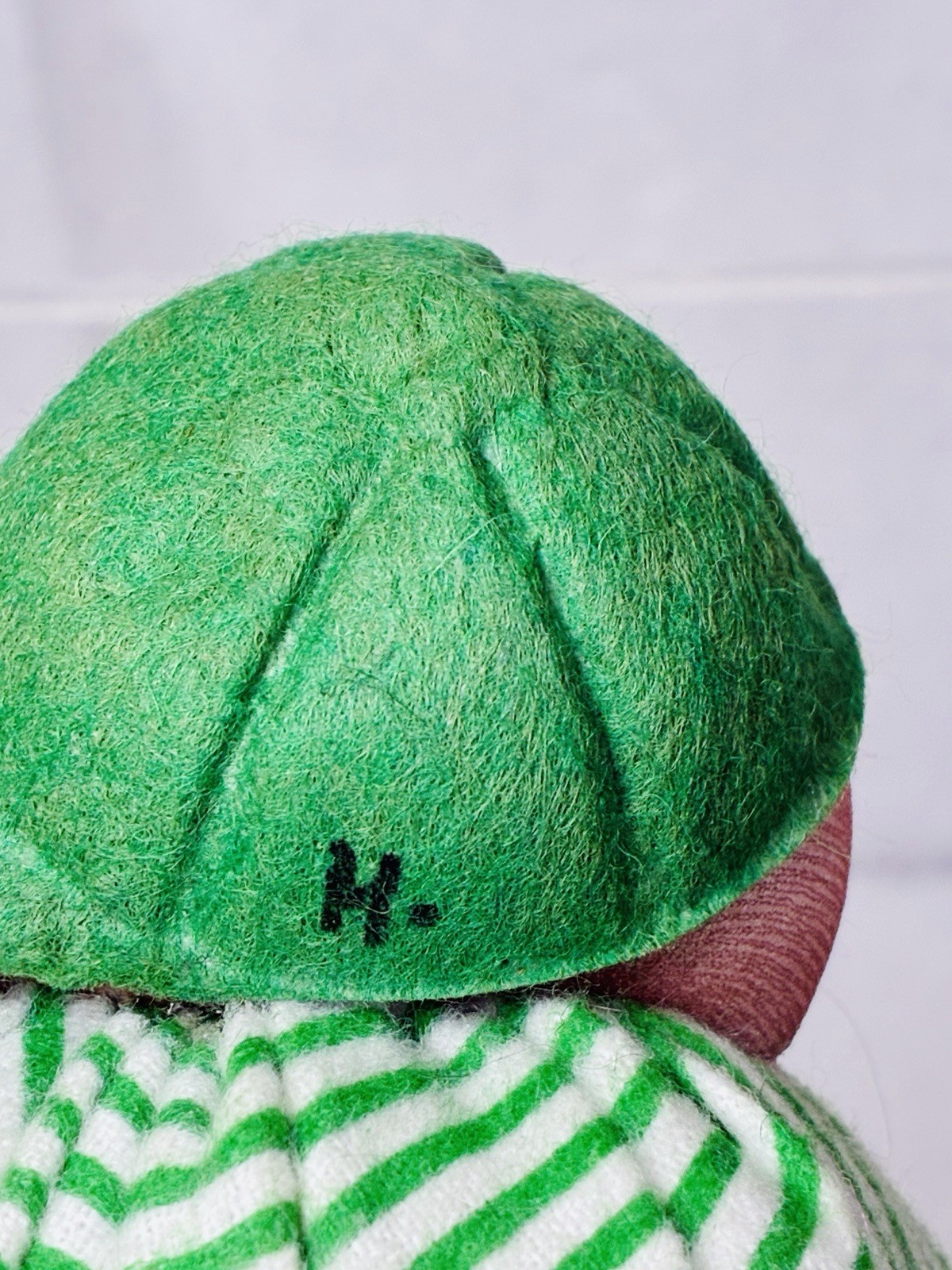 Vtg Handmade Stuffed Nylon Stocking Soft Sculpture Doll w Green Hat