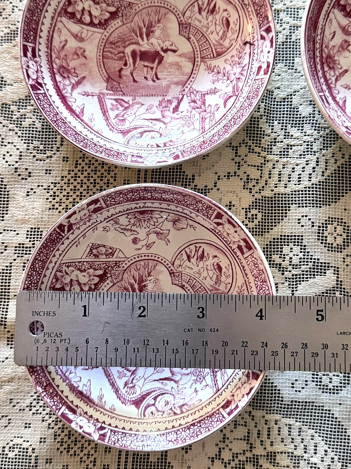 Antique Chas. Allerton Little Mae/Dog Red Transferware Child’s Tea Set & Spoons