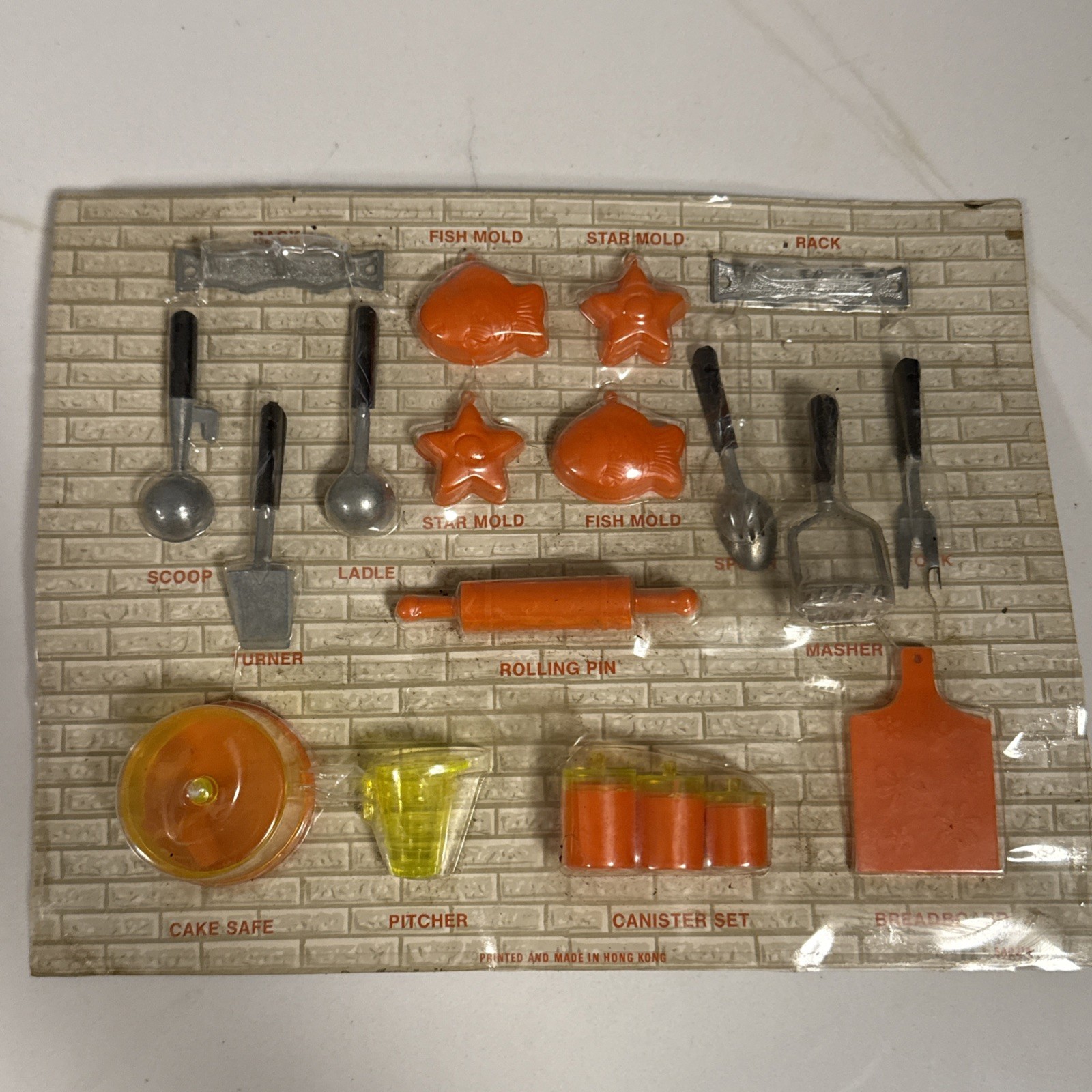 Vintage Ideal Mini-Matic Kitchen Utensils Set Retro Orange Yellow Canister Toy