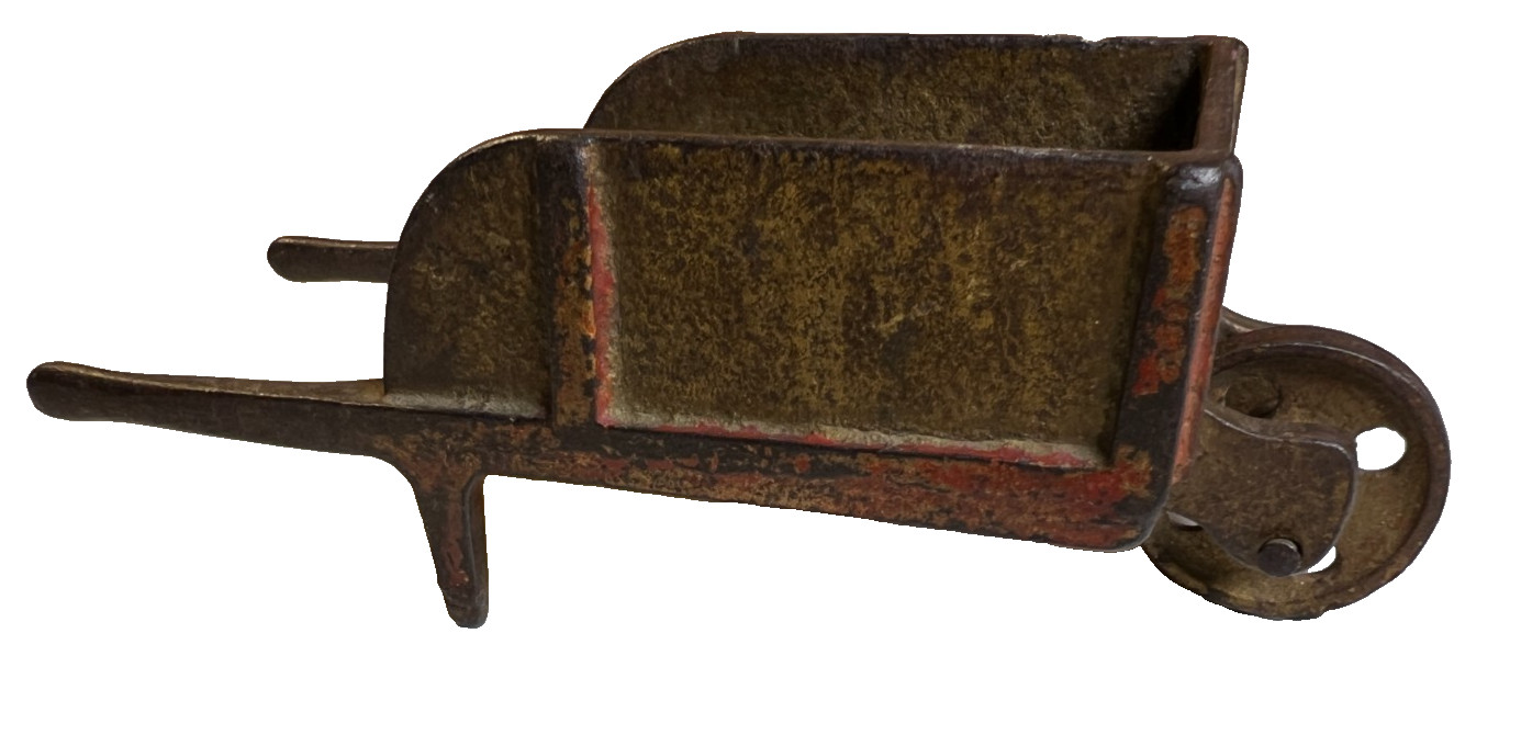 Antique Cast Iron Toy Wheelbarrow Original Red Paint Miniature Farm Bronze Paint