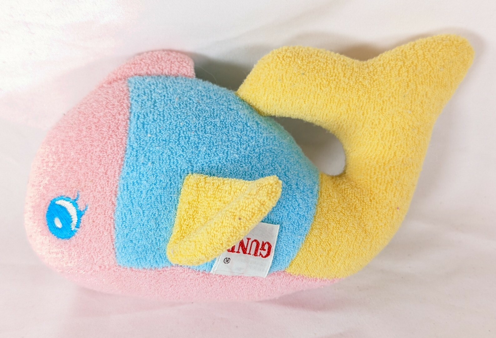 Vintage 1982 Gund Whale Fish Plush Terry cloth Stuffed Animal Pink Blue Yellow