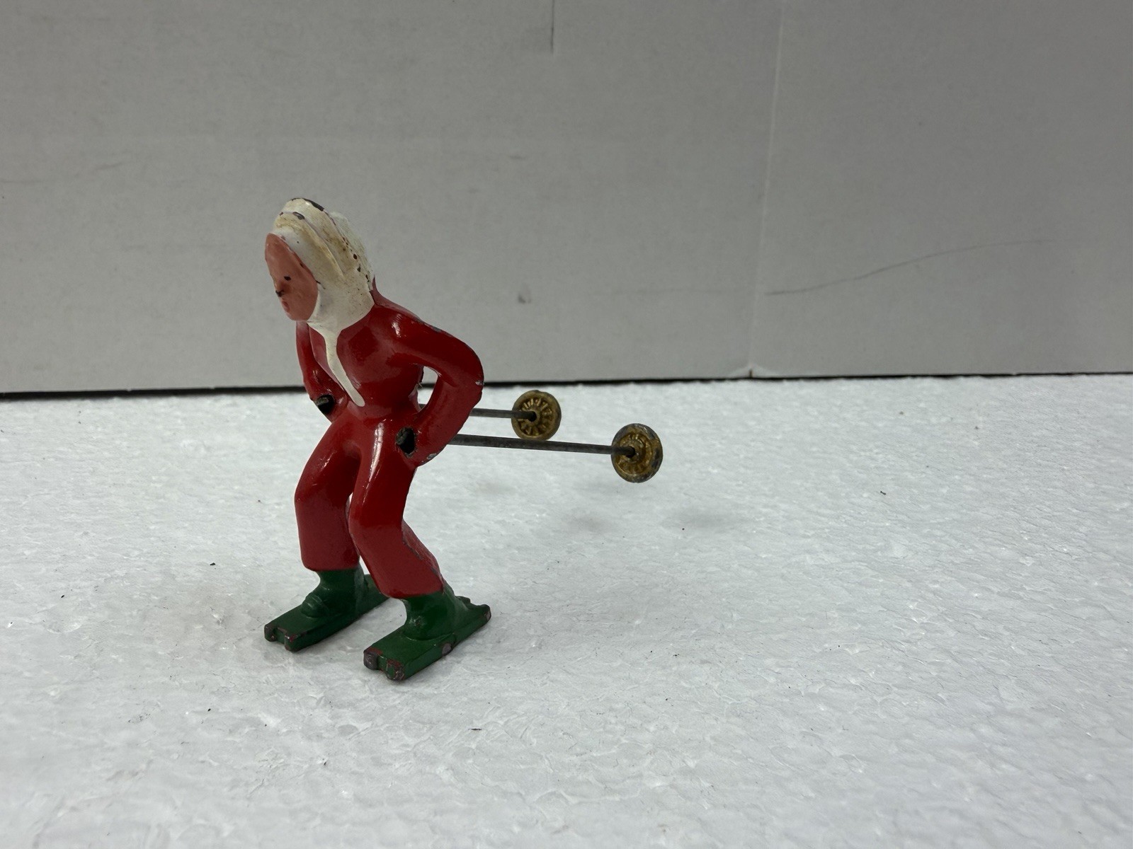 Vintage Barclay Lead Skier with Metal Skis and Ski Poles 1940 Red Green Lot Of 2