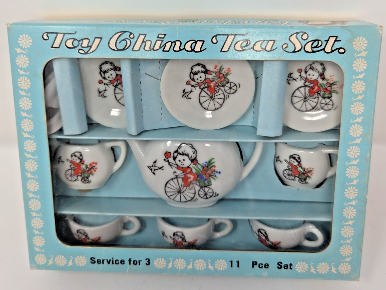 Vintage 1950’s Japanese Toy China Tea Set 11pc Moss Girl On Bike in Original Box