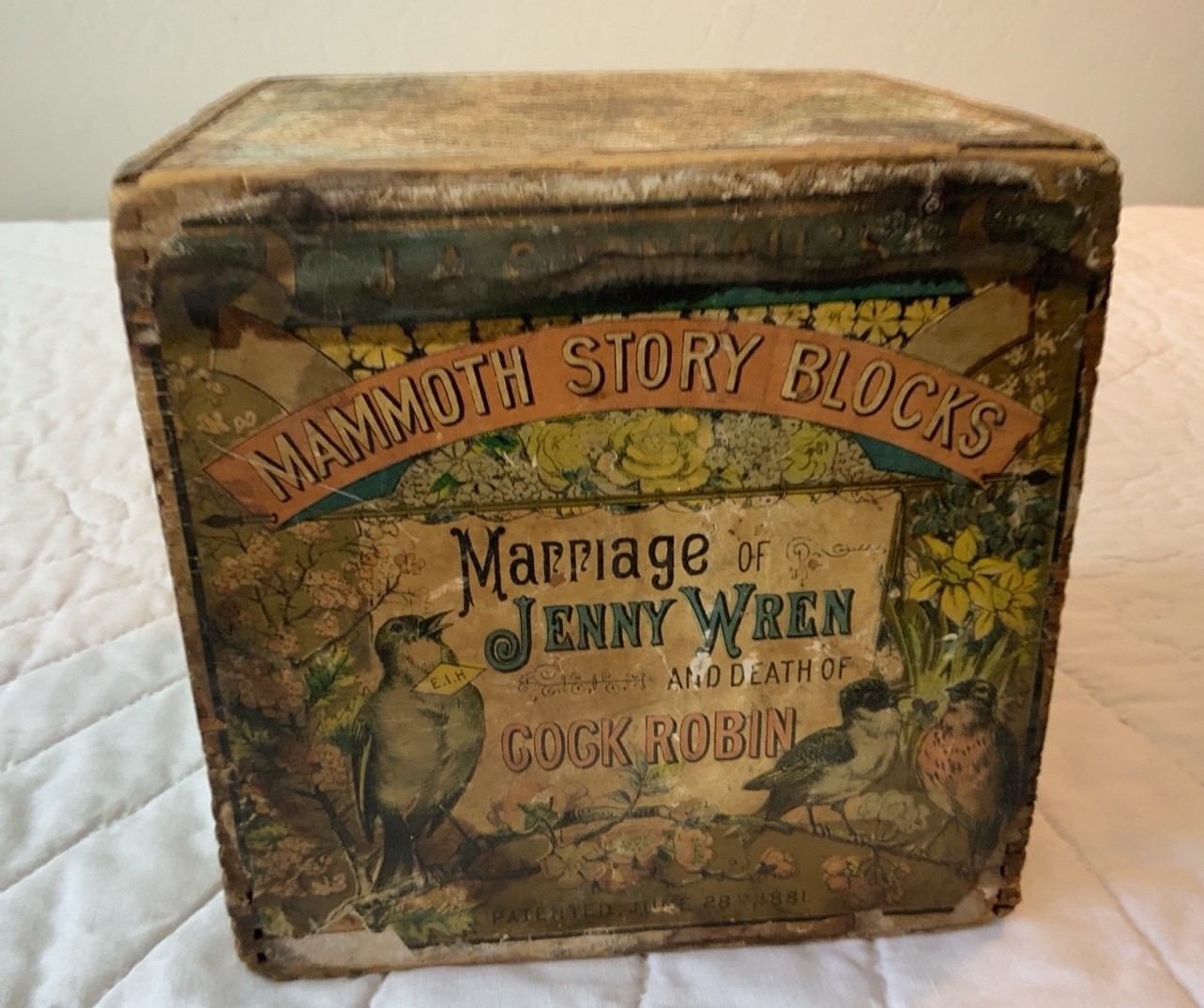 Antique Children’s Toy Stacking Block, 1881, Marriage Of Jenny Wren, Cock Robin