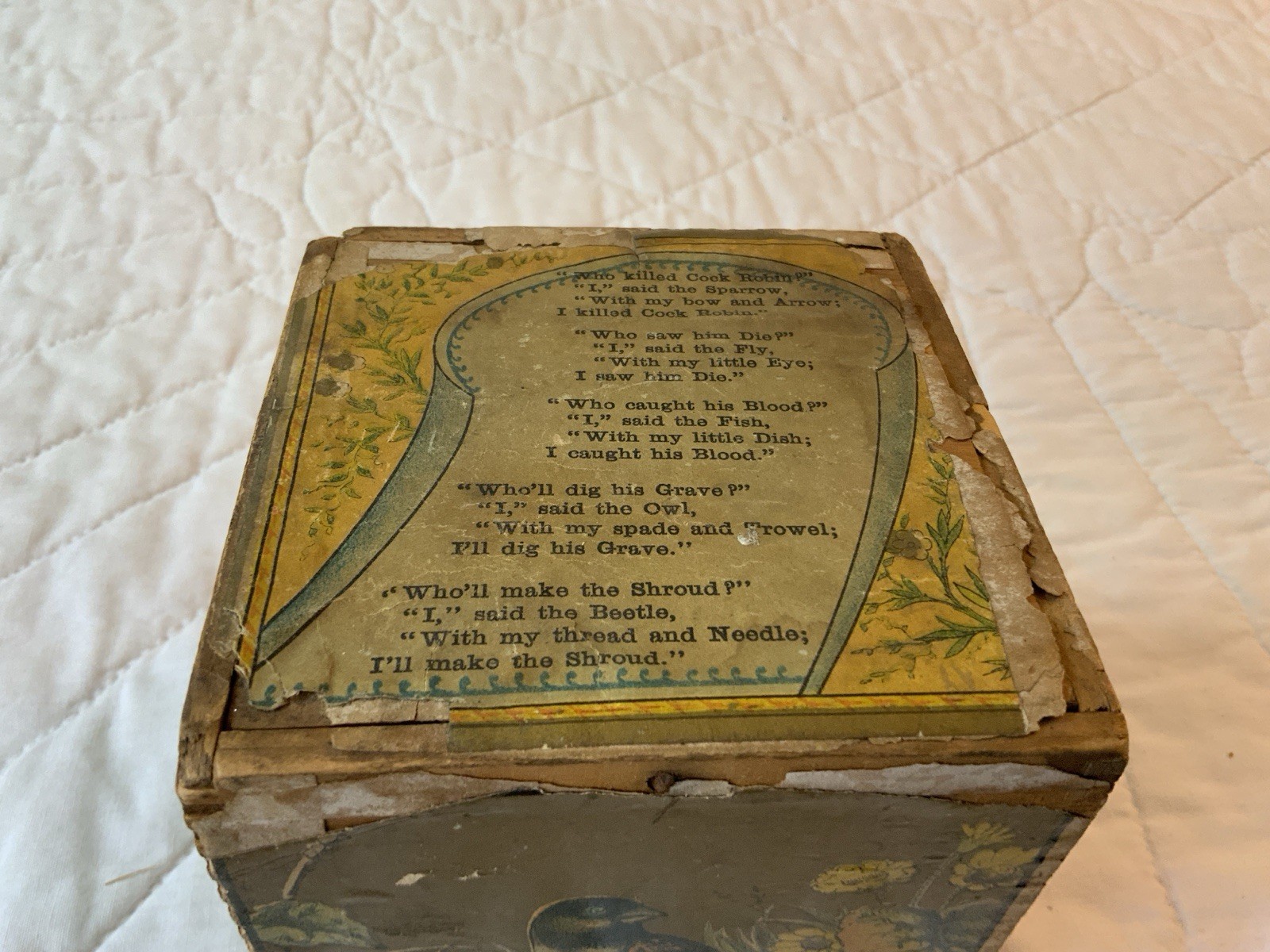Antique Children’s Toy Stacking Block, 1881, Marriage Of Jenny Wren, Cock Robin