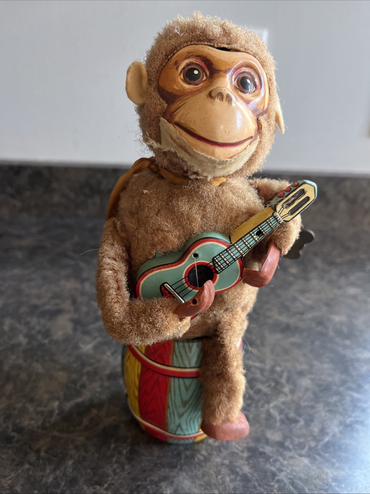 Vintage Damaged But Still Works 1950s Musical Monkey On a Barrel Tin Wind-Up Toy