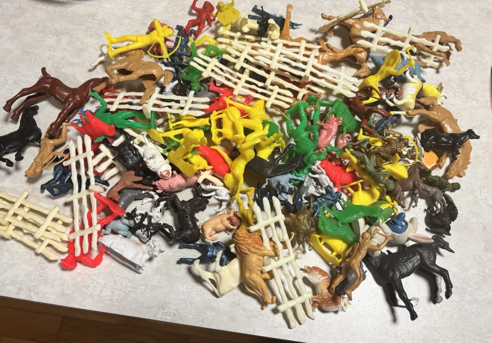 Large Lot PVC Animals Horses Cowboys Indians Fences Plastic Toys