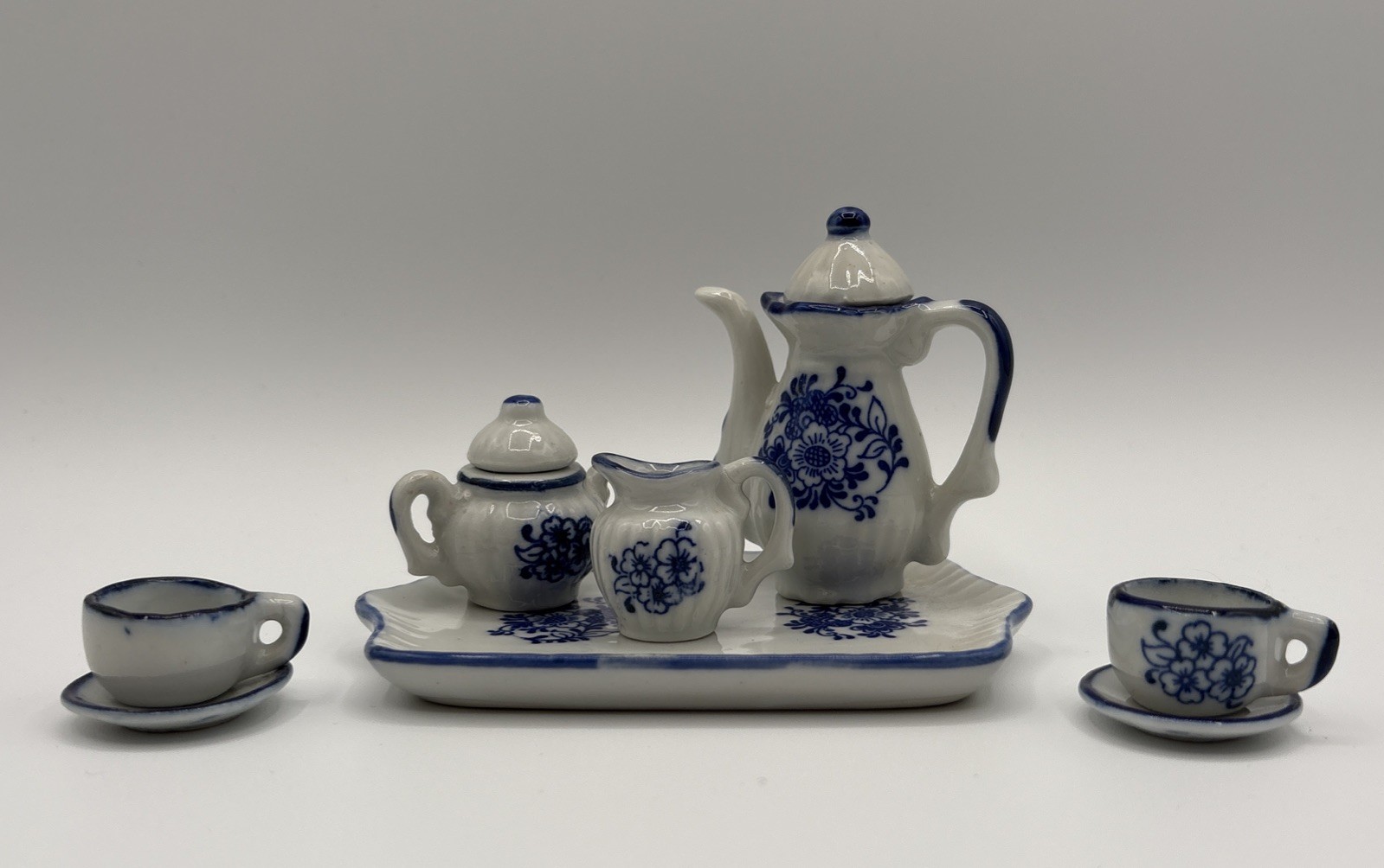 Mini Blue White Ceramic Miniature Tea Set Handcrafted Thailand Tray Floral