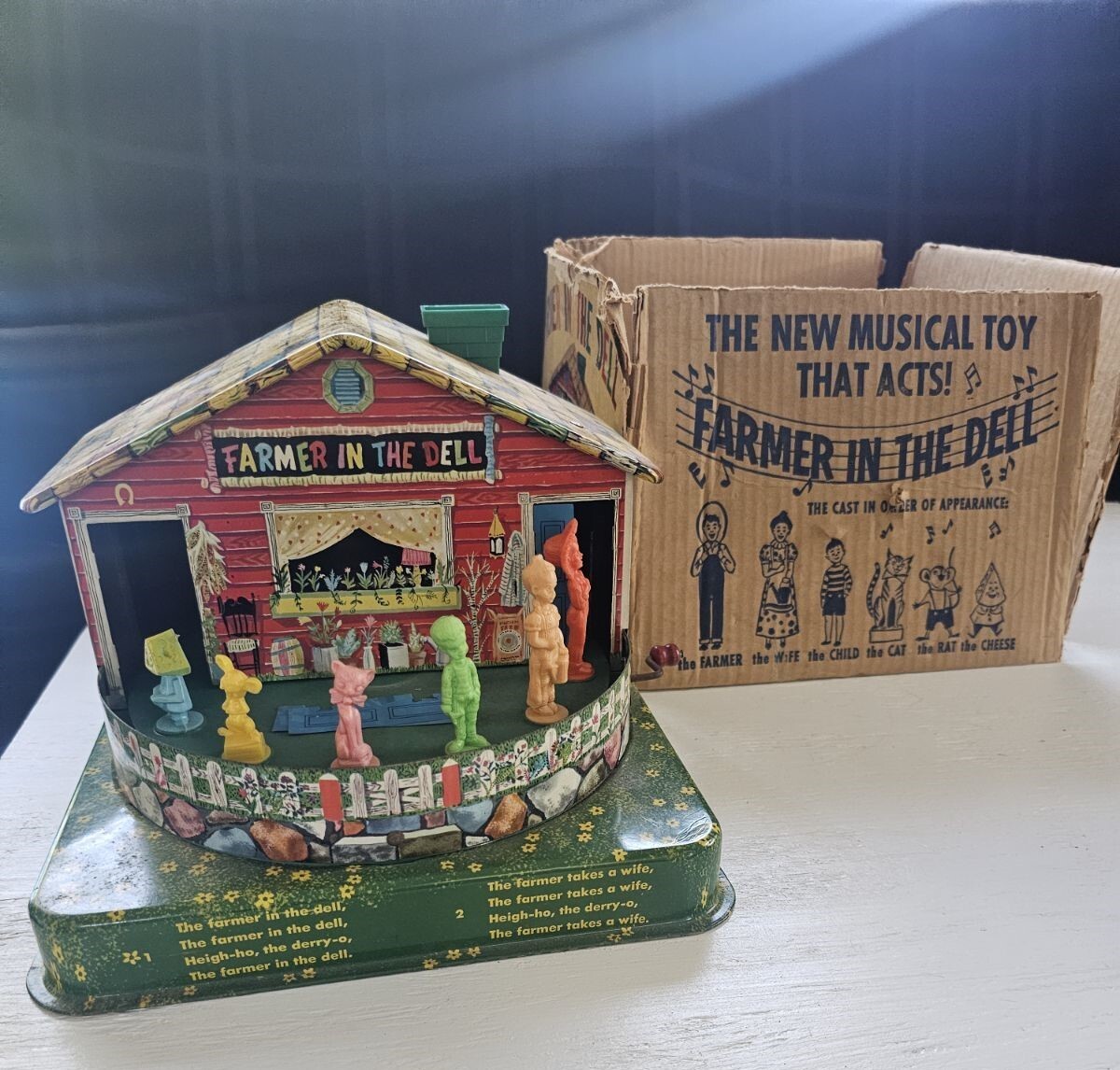 Vintage Tin Litho Wind Up Musical Farmer in the Dell with Original Box