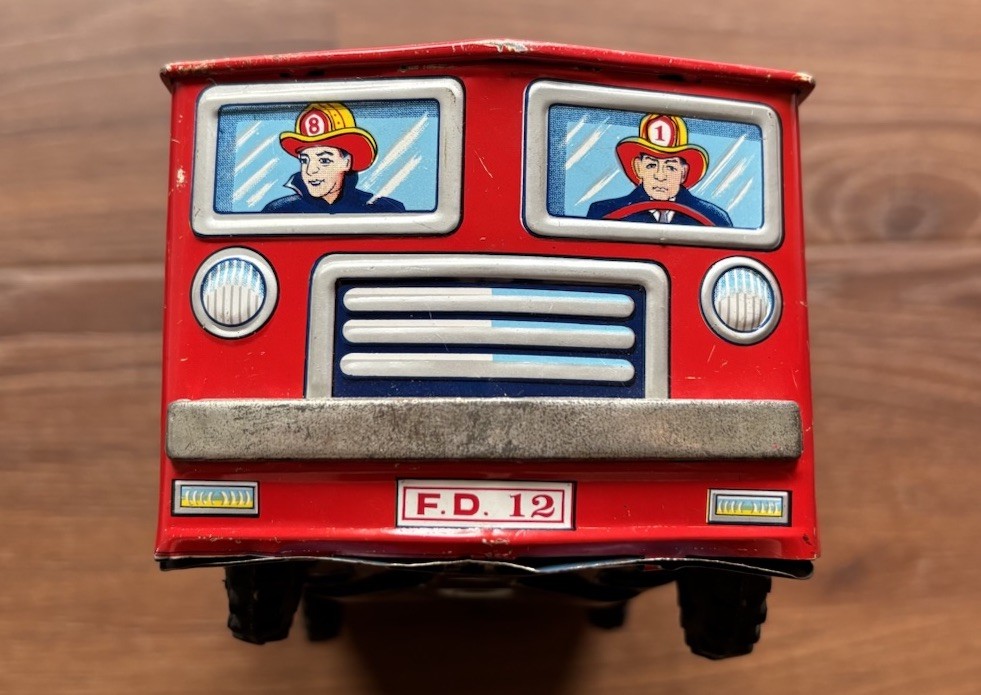 Vintage Japanese 1960’s friction drive tin lithograph fire engine collectible