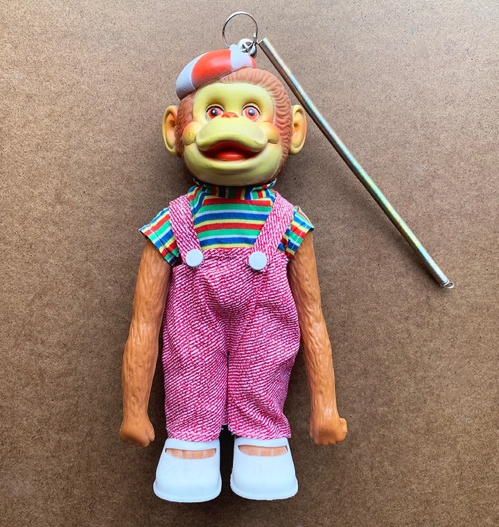 3 Vintage 1960s Era Chimp Monkey Carnival Toy Figures – 2 Banks & 1 Stuffed