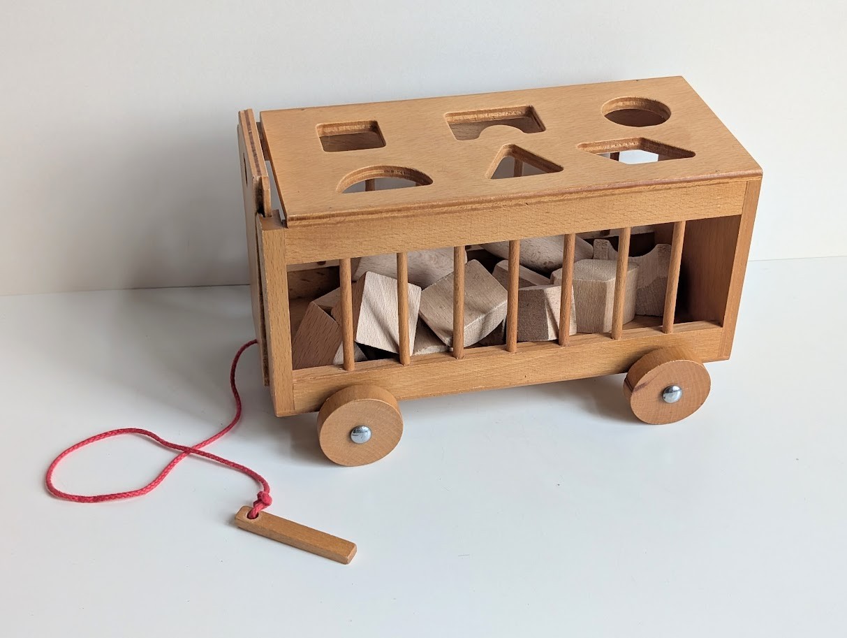 Vintage 1970s Wooden Shape Sorter Trailer Pull Wagon with 11 Blocks