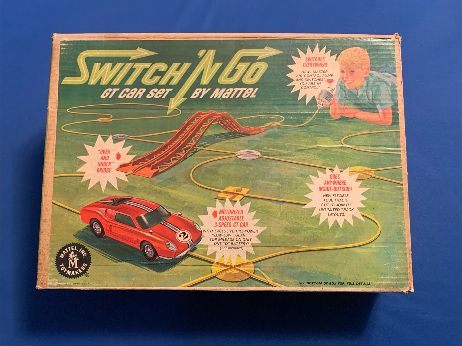 BOXED 1965 Mattel Switch & Go w/ RARE BABY BLUE FORD GT Car Set + Original Box !