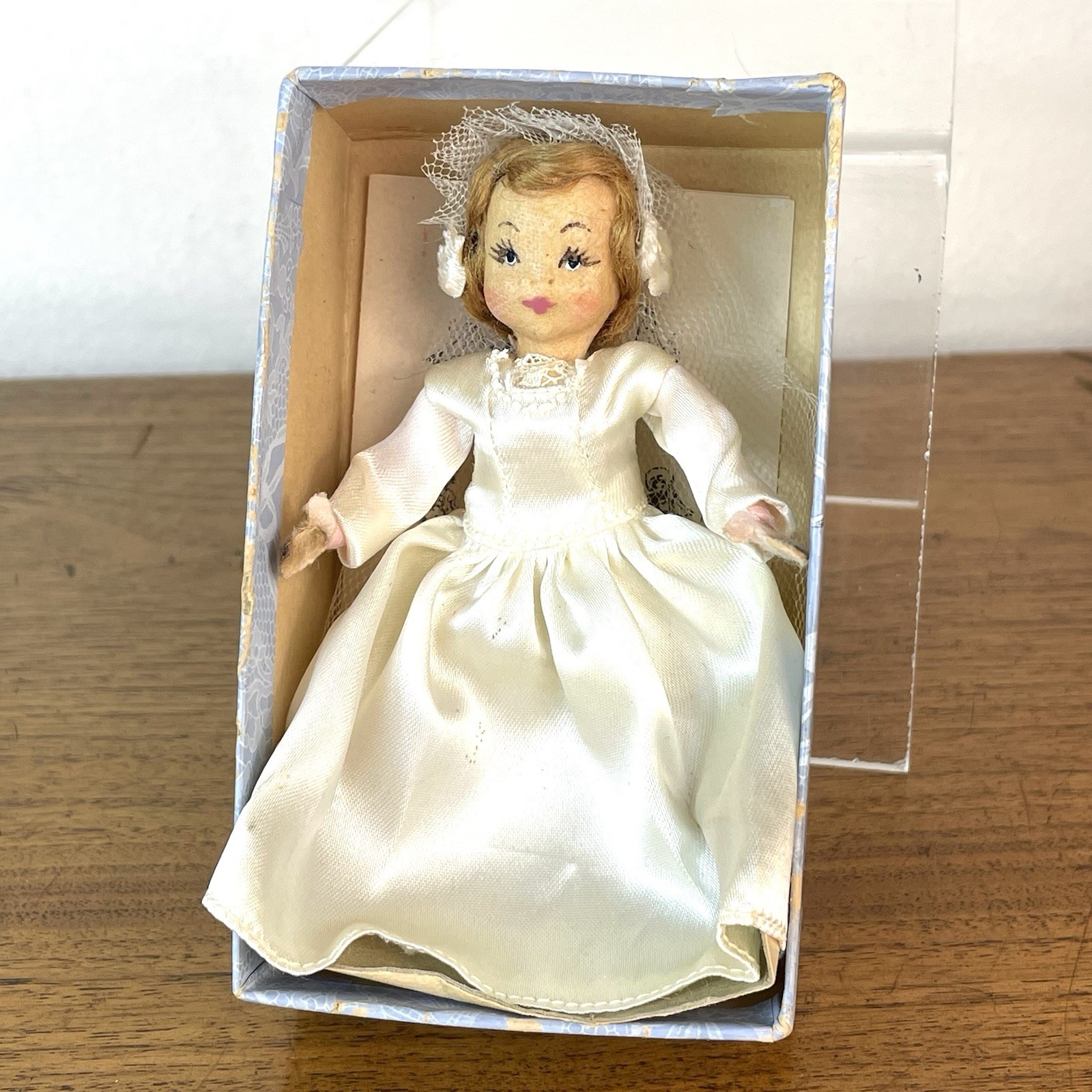 VTG 40s Tiny Town Doll in Box Blonde Bride with Blue Eyes 4 Inch Collectible