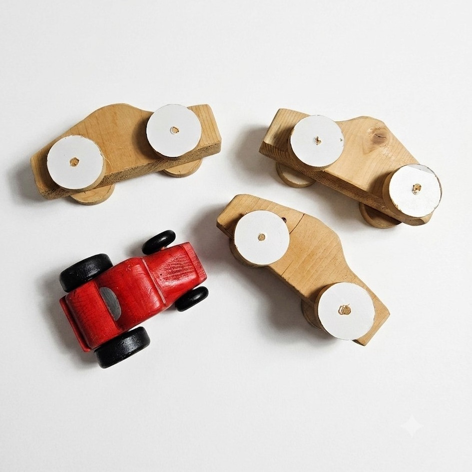 Lot of 4 Vintage Handmade Wooden Toy Cars Natural Wood & Red Painted Classic