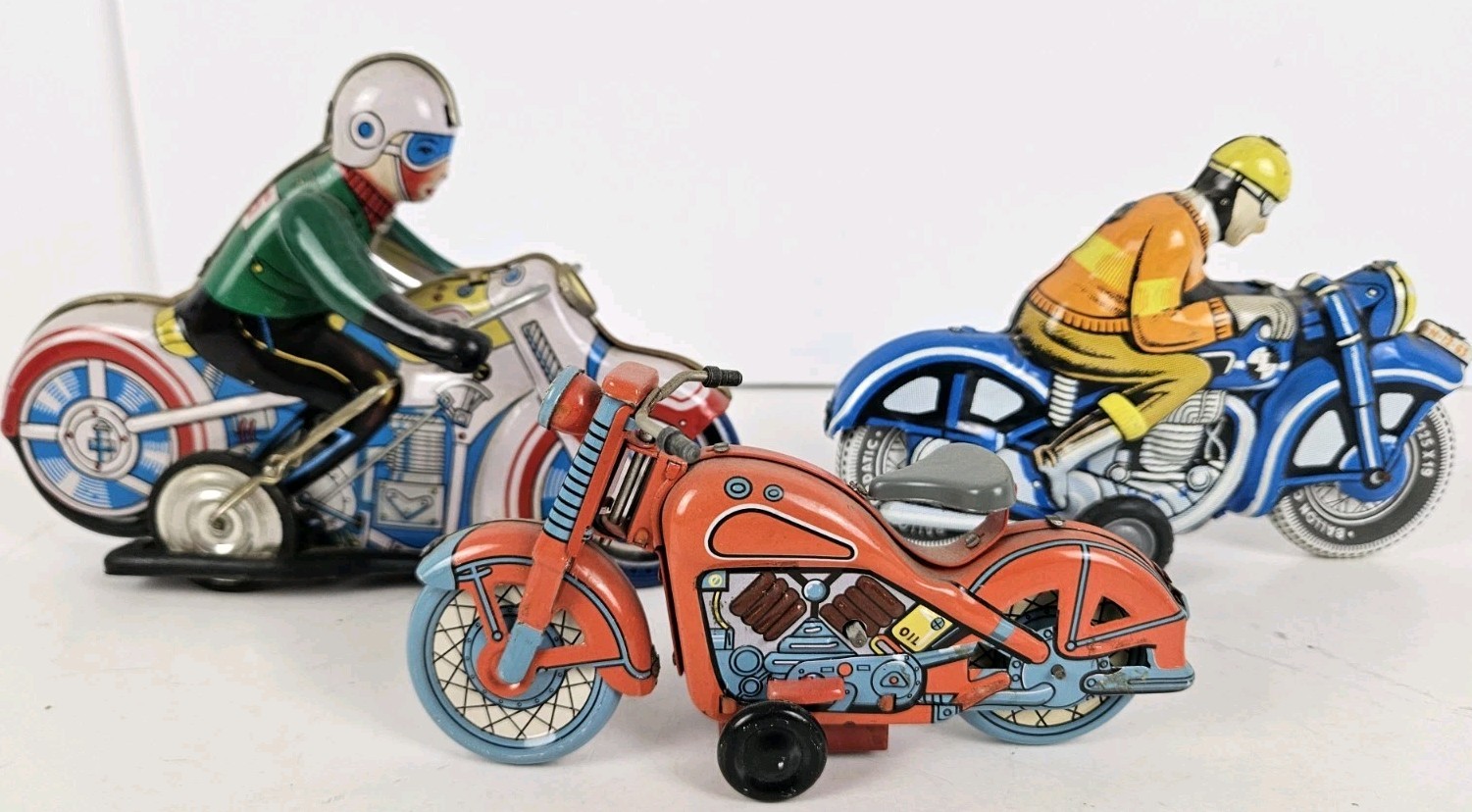 Vintage Lot of 3 Tin Litho Wind-Up and Friction Motorcycle Toy Toys