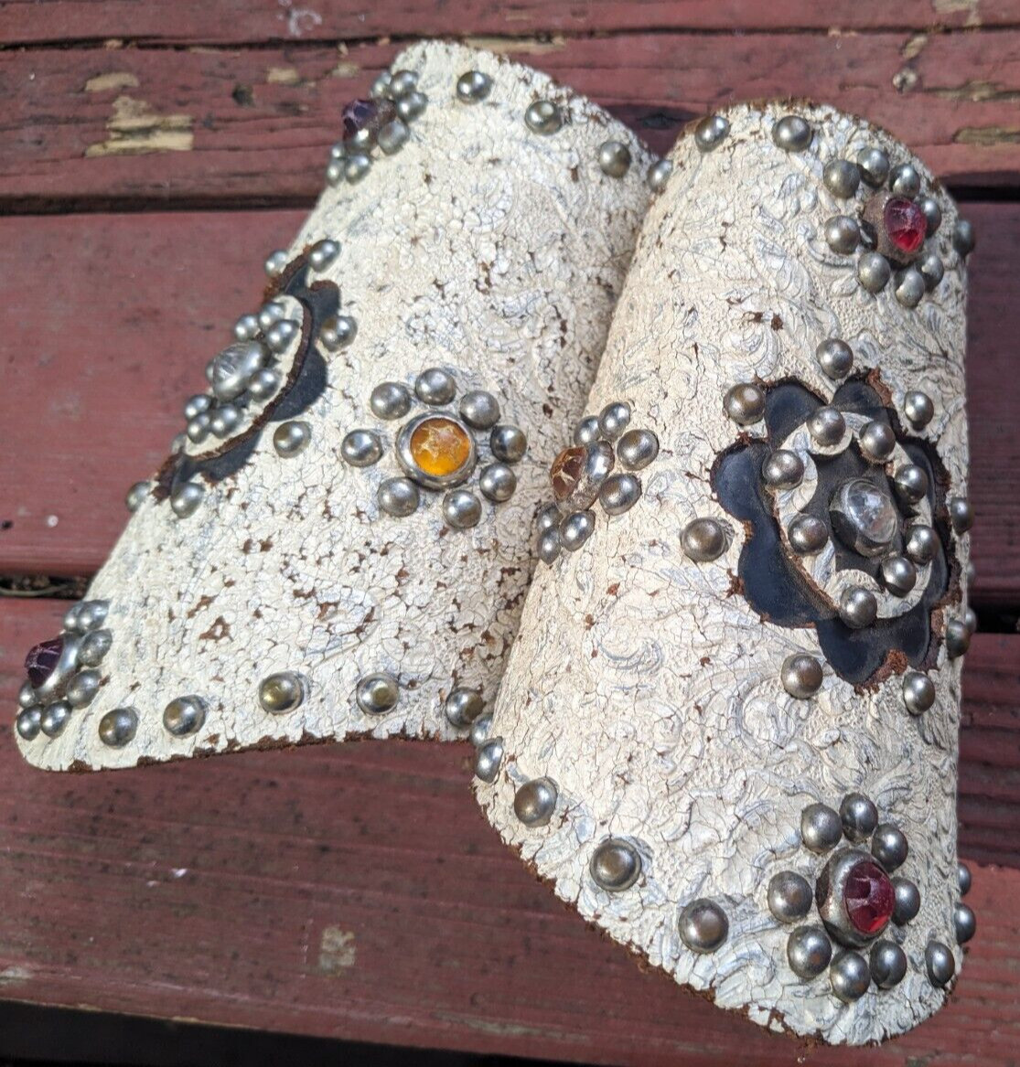 1930s Tom Mix Show Cowboy Jeweled Leather Cuffs • Tooled Studded Western