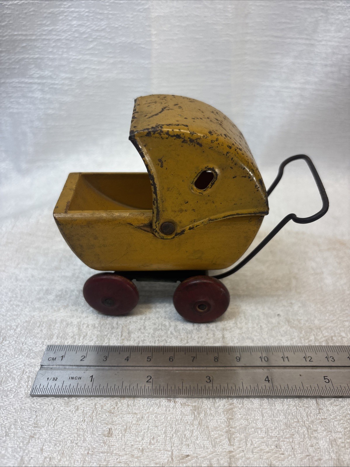 Vintage Toy Baby Carriage Tin and Wood Wheels 4 Inches