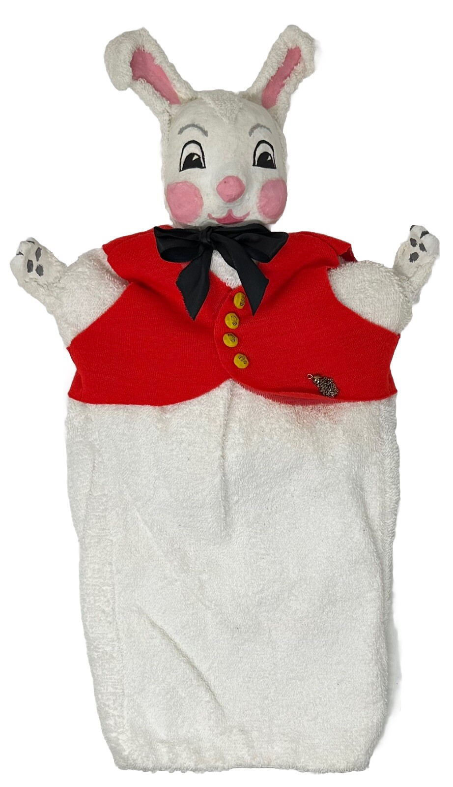 Vtg Paper Mache Hand Puppet Bunny White Rabbit Red Vest Molded Head Hands Rare