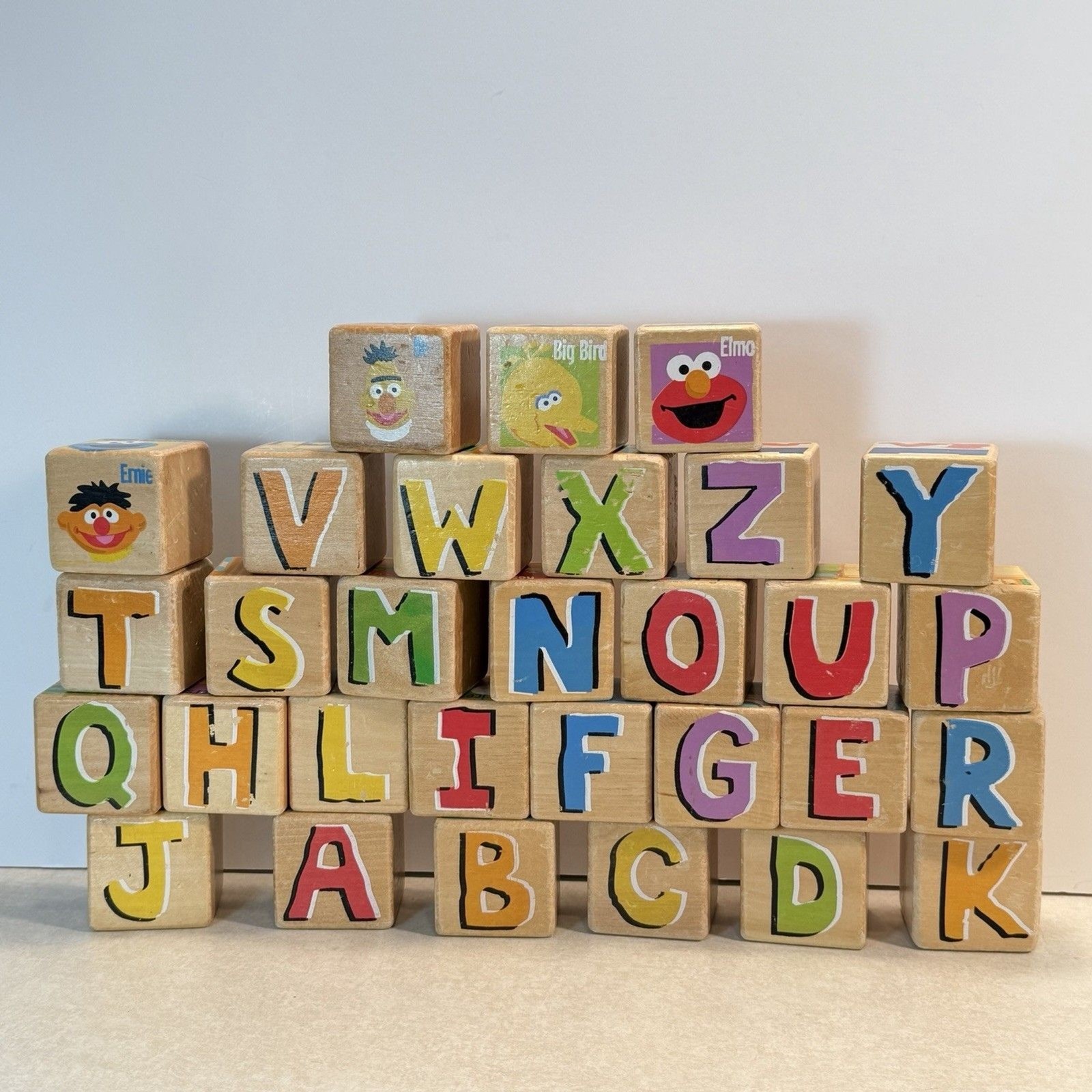 Vintage Wooden Block Set SESAME STREET Alphabet & Characters 30 Pcs ABCs Letters