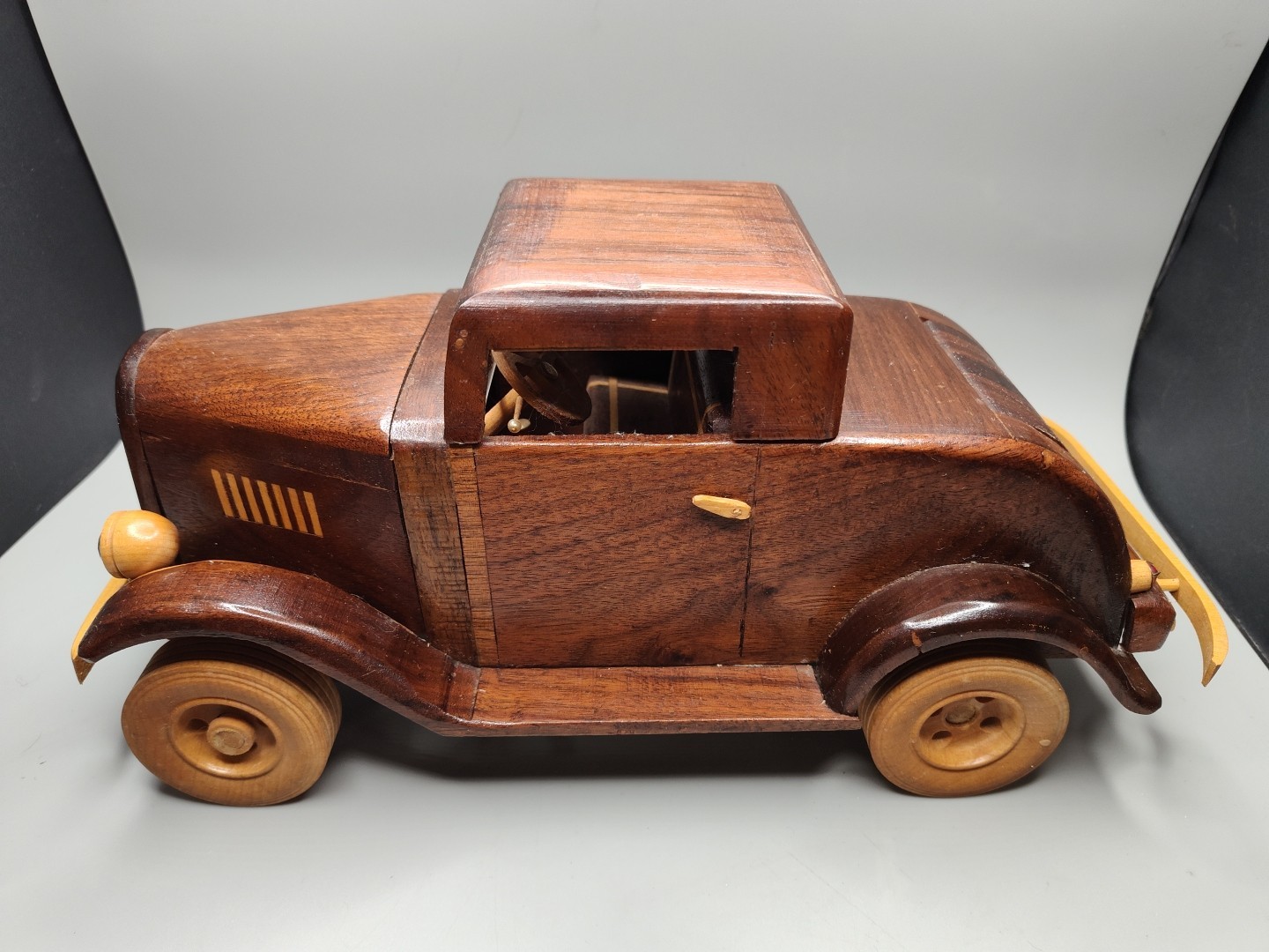 Model Wood Antique Car Signed Varies Woods Used Handmade 13″L x 6.25″H Detailed