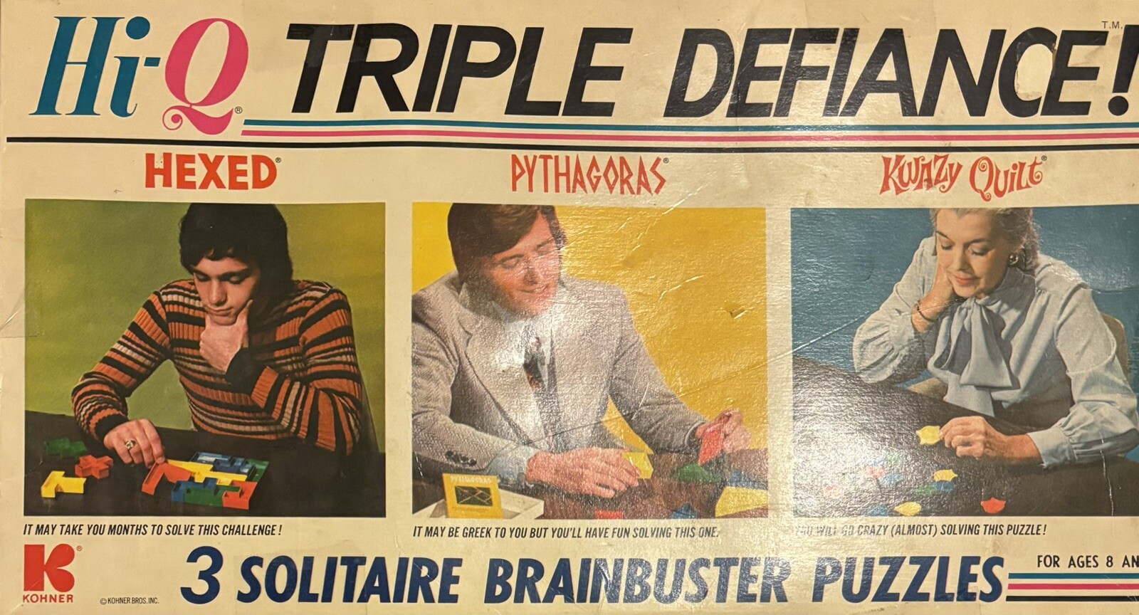 Vintage HI-Q Triple Defiance Kohner ~ 3 Solitaire Puzzles Boardgame 1973 Complet