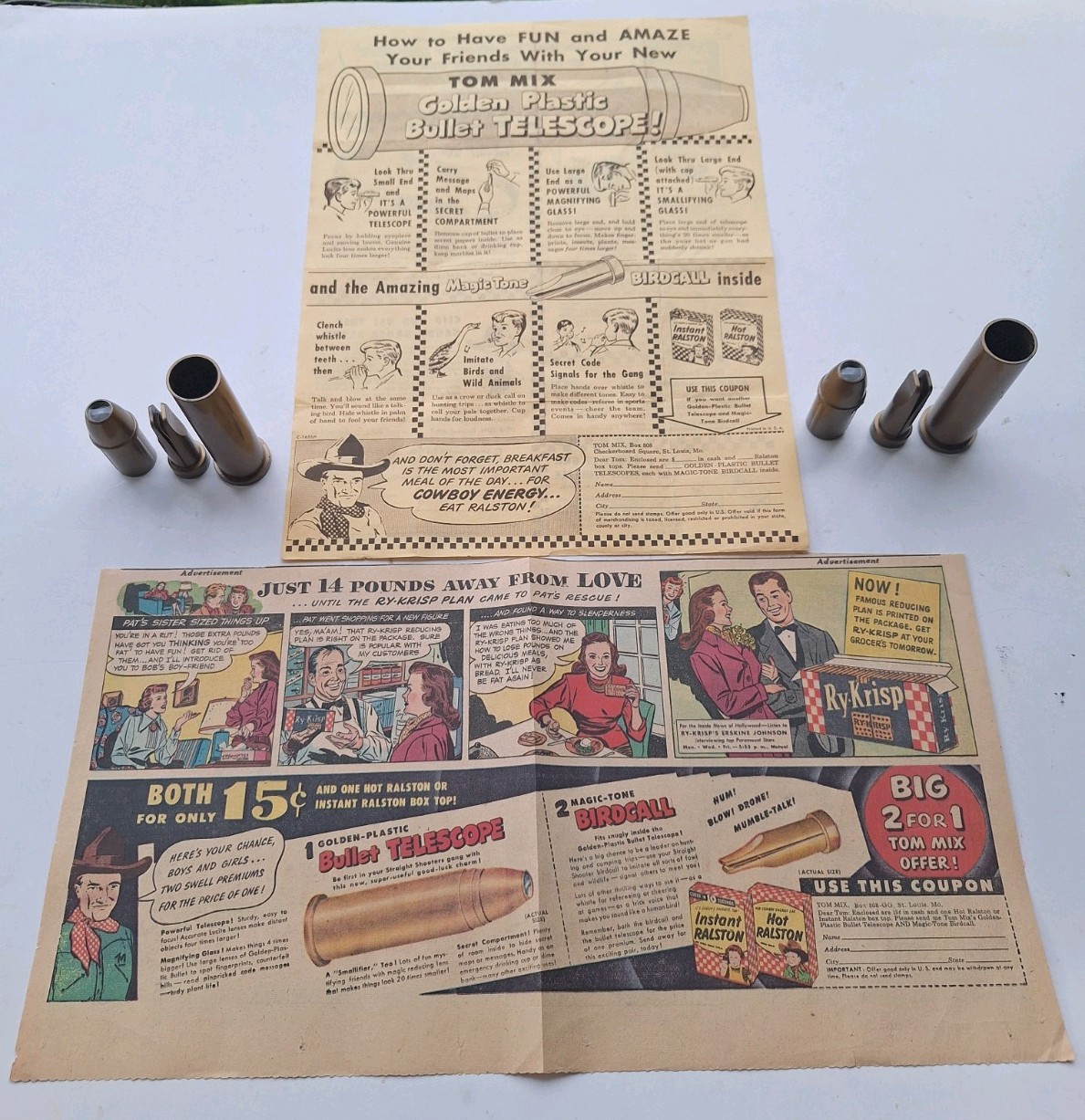 1950s Tom Mix Ralston Cereal Premium Lot 2 Golden Bullet Telescopes and insert