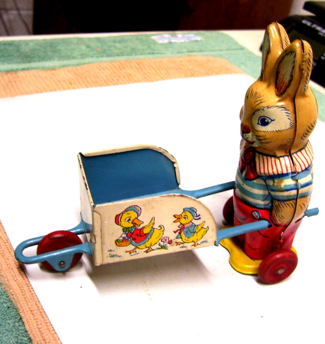 Vintage J Chein & Co. Easter Bunny Rabbit Pushing Cart Tin Litho Toy