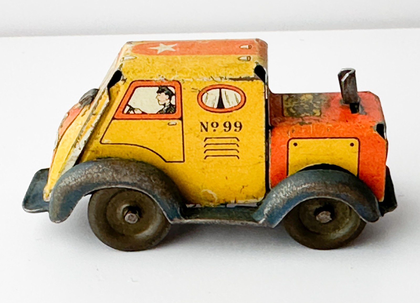 Tin Litho Ranger Motor Line Truck Clock Spring Wind Up Toy Semi Trailer ▪ Video