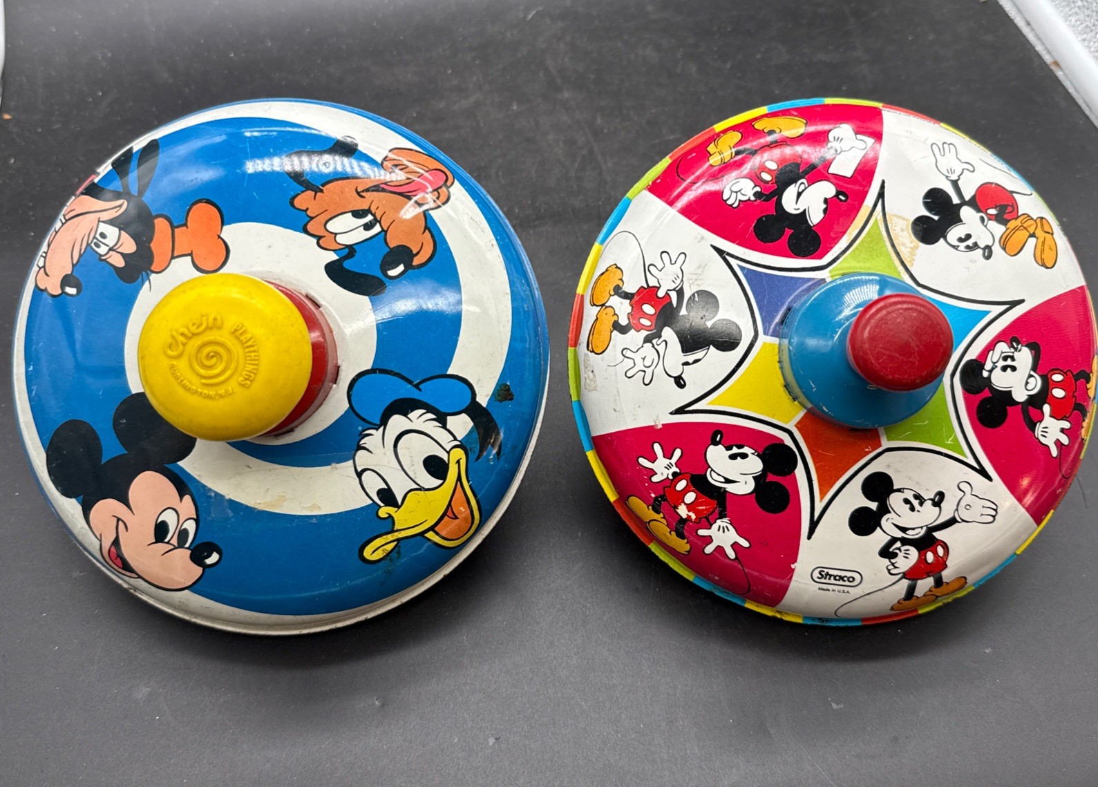 J. Chein Co. Strabo vintage Lot of 2 Disney Mickey Mouse spinning tops toy