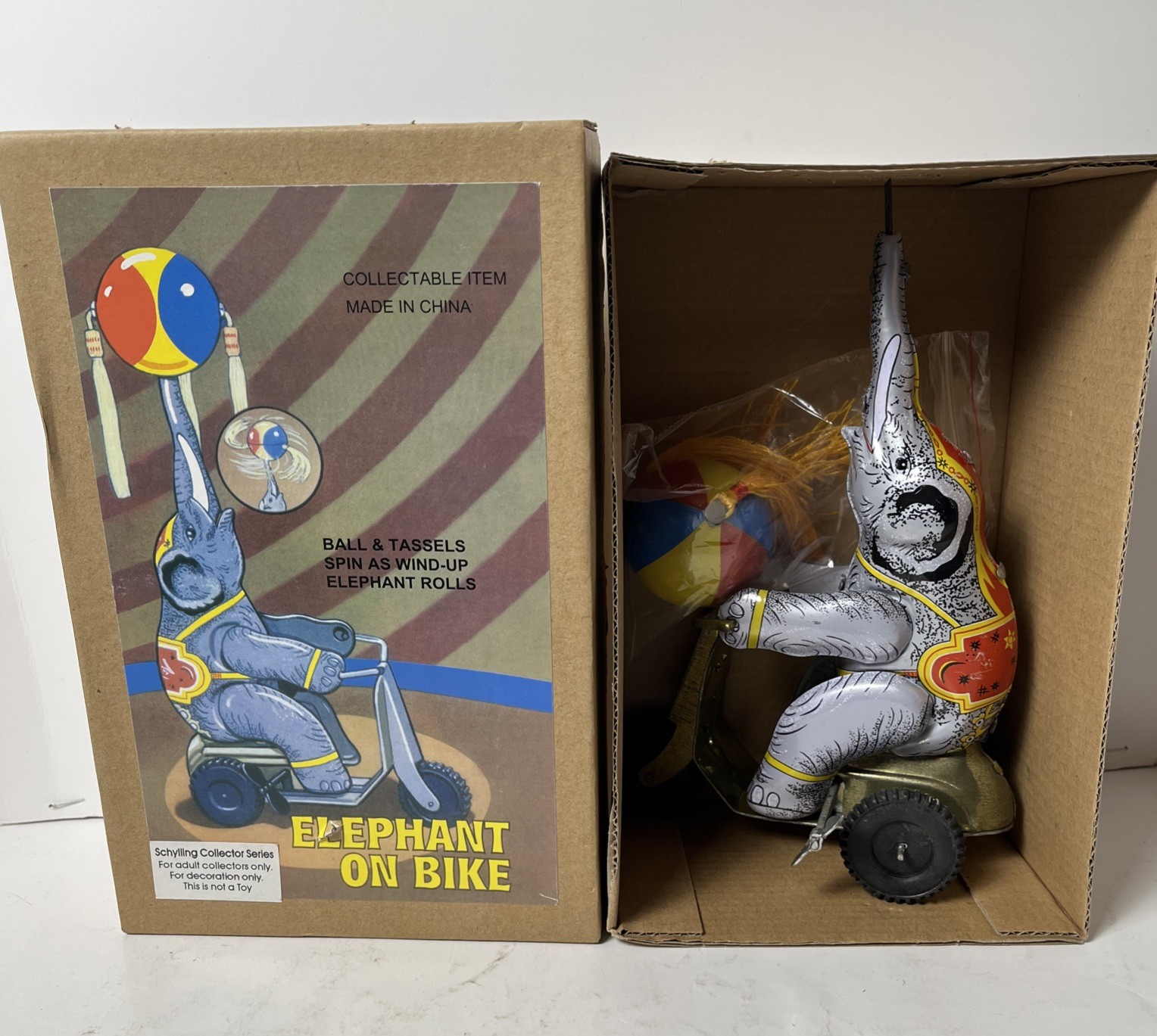 NIB Schylling Collector Series Elephant on Bike NEW TIN TOY REPRODUCTION