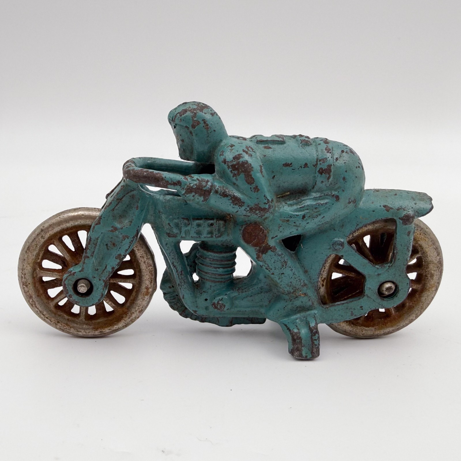 Hubley 1930s Cast Iron Speed Motorcycle #5 Racer Nickel Wheels 4.25″ Cycle