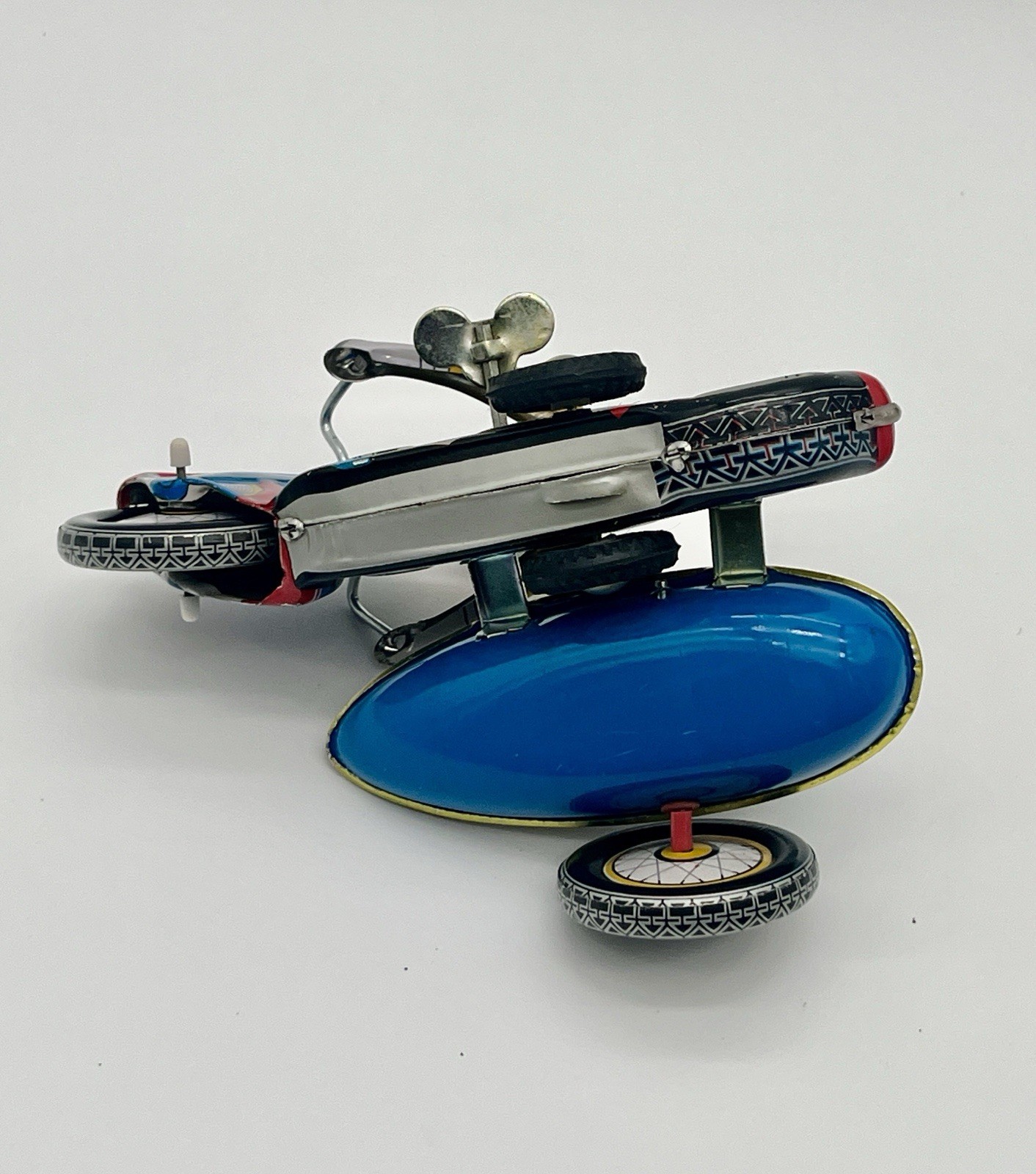 Wind up Clockwork Motorcycle With Sidecar Tin Toy Works with Key