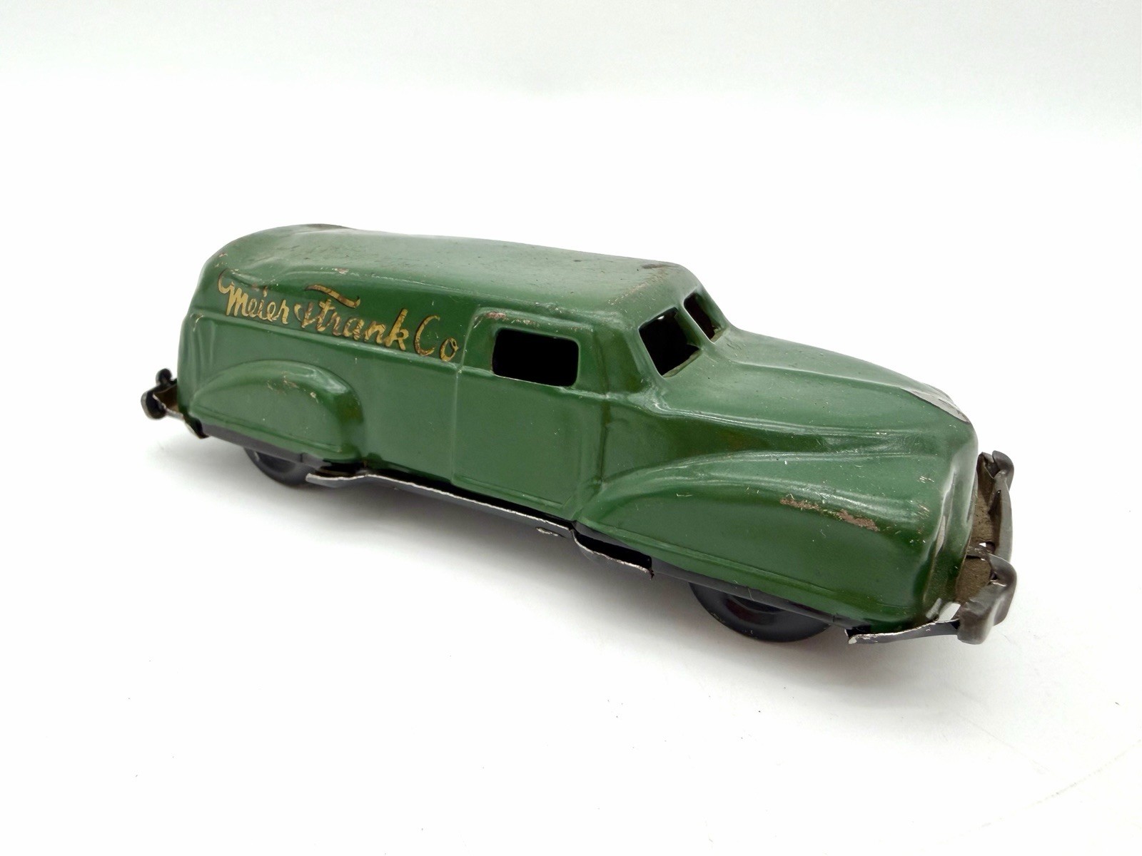 Vintage Meier & Frank Co Japan Tin Delivery Van Truck 5” Green Litho Toy