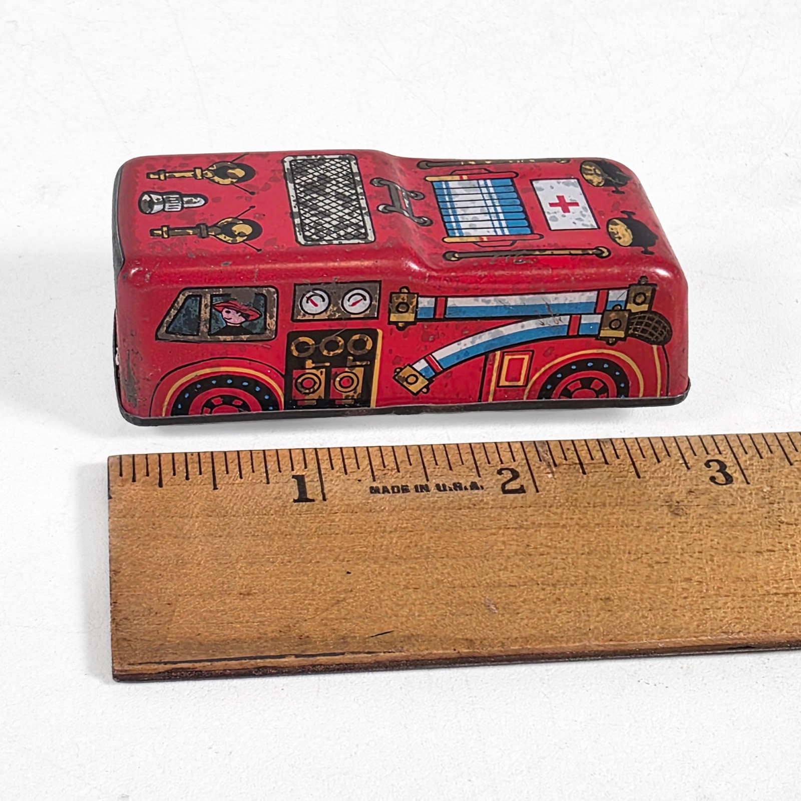 Tin • Lot of 2 • Fire Engine & Police Car • Kanto Made in Japan • 2″ Wind-up