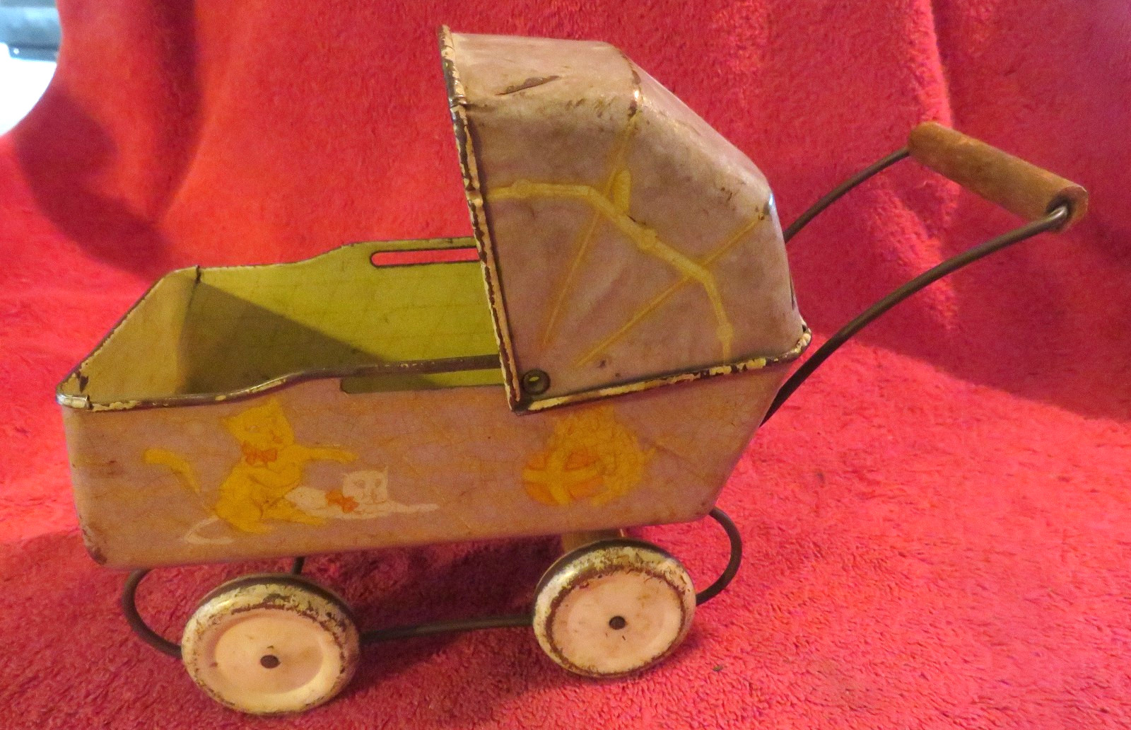 Vintage Toy Baby Buggy Tin Litho Reversible top Cats Baby images 6″ x 9″