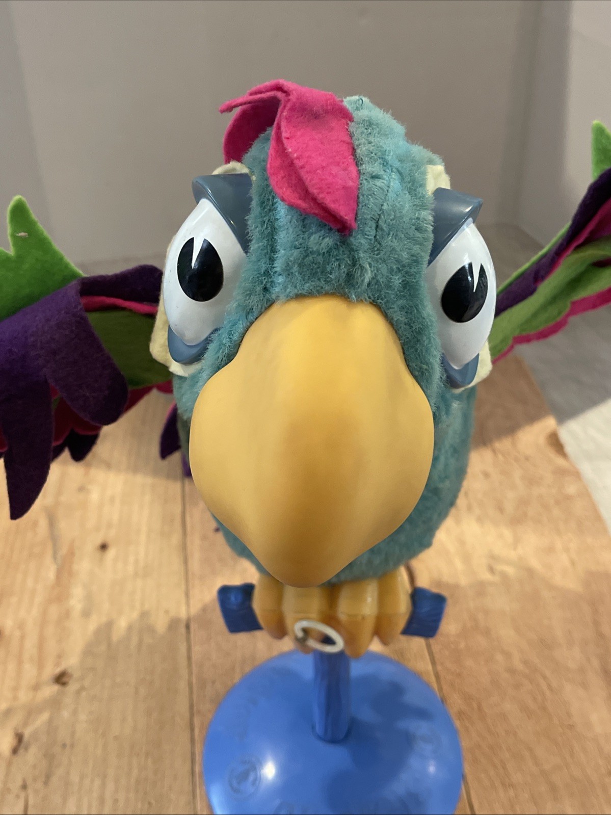 1964 Mattel Animal Yacker CRACKERS Talking Parrot Toy + Original Stand Hong Kong