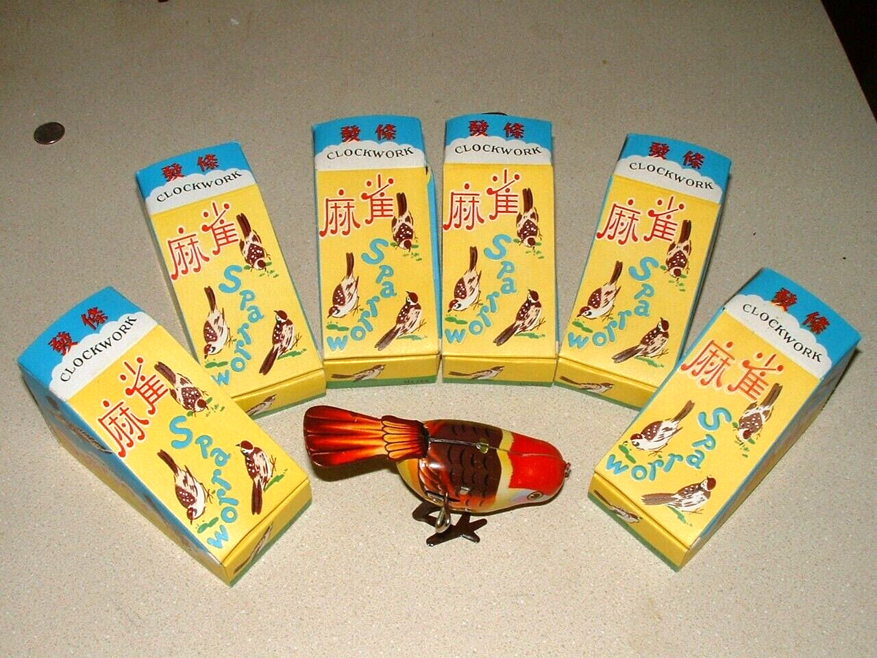 VINTAGE CLOCKWORK WIND-UP HOPPING SPARROW TOYS LOT OF 6 NEW IN BOX & WORKING