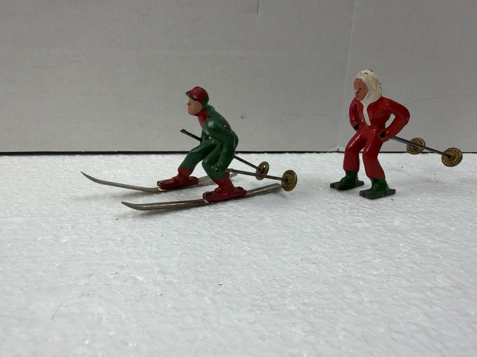 Vintage Barclay Lead Skier with Metal Skis and Ski Poles 1940 Red Green Lot Of 2