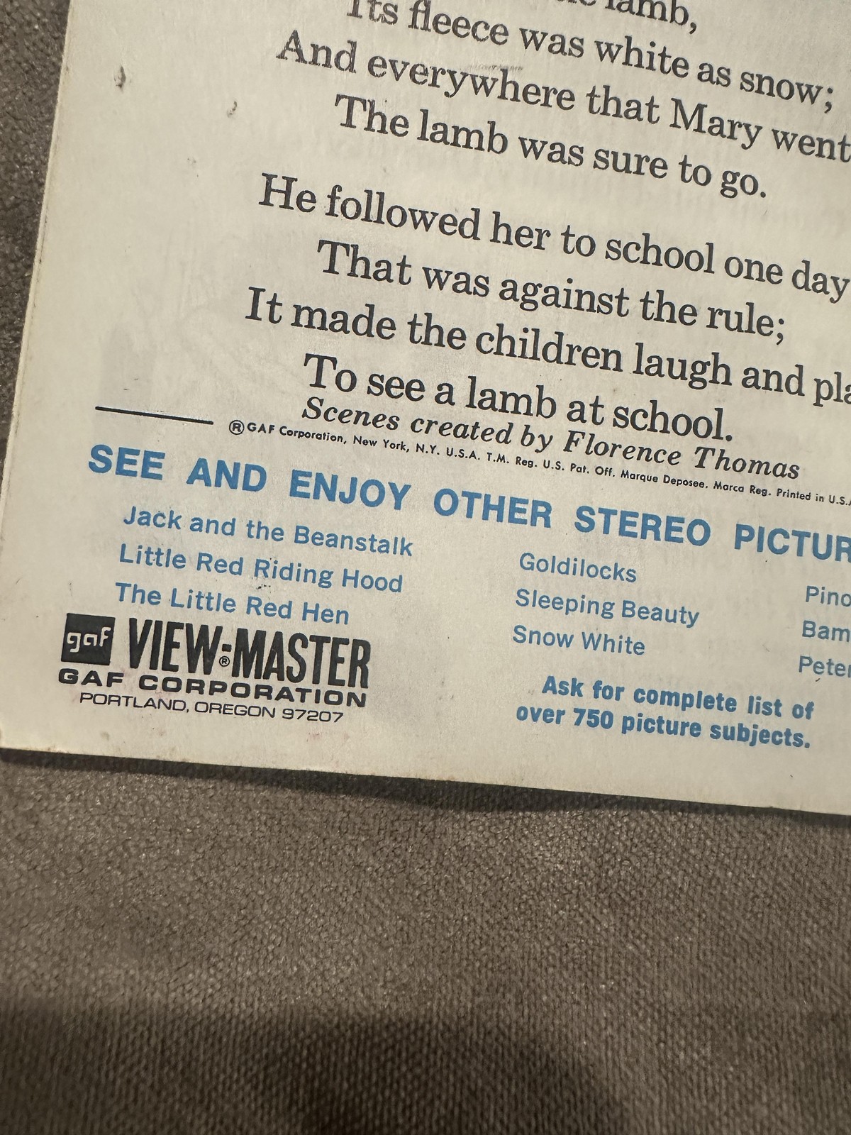 Vintage View-Master Mother Goose Rhymes Story Booklet Only GAF Portland USA