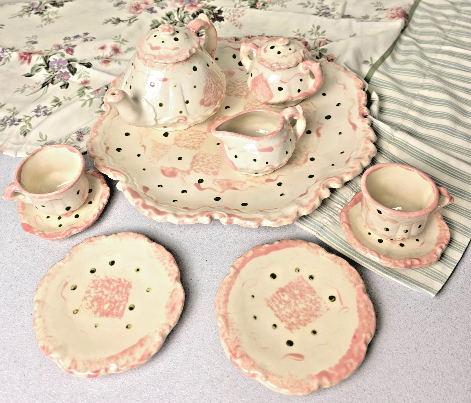 Vintage Artisan Childs Ceramic Ivory, Pink, & Green Complete Decorative Tea Set