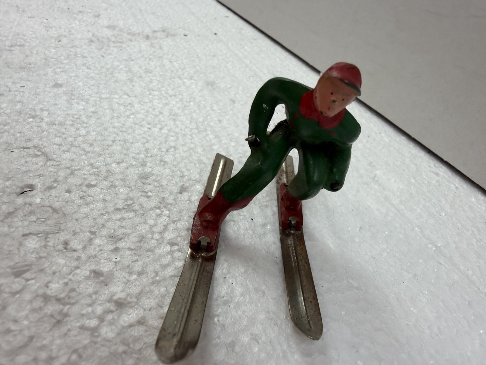 Vintage Barclay Lead Skier with Metal Skis and Ski Poles 1940 Red Green Lot Of 2