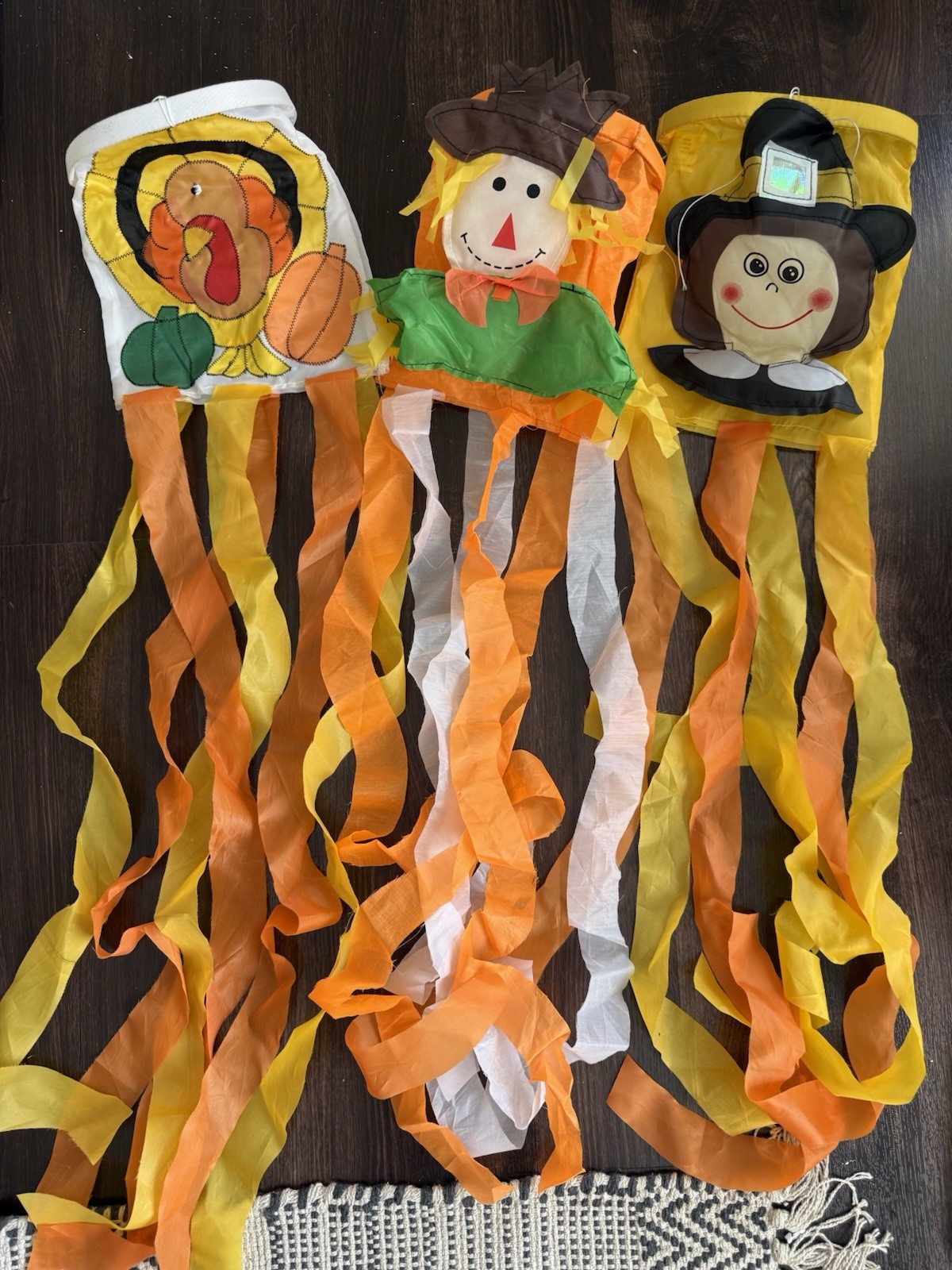 3 Vintage Halloween Autumn Wind Socks Approx 32” Turkey Scarecrow Pilgrim